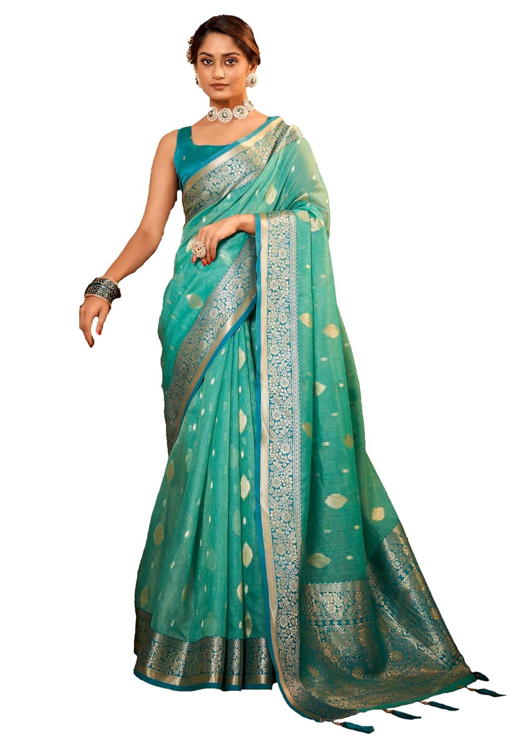 Sumaira Tex Women's Pure Tissue Silk Saree With Woven Zari Banarasi Silk Saree Border With Unstiched Blouse Piece - Image 2