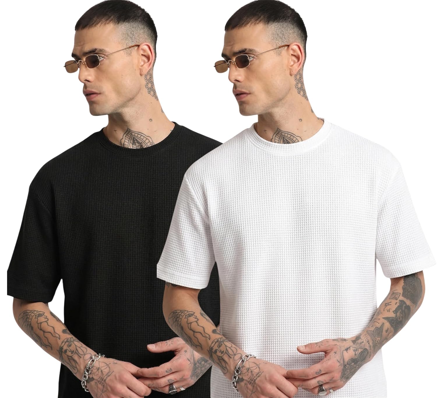RodZen Men Waffel Texture Drop Shoulder Fit Round Neck Half Sleeve Polycotton Tshirt Pack of 2 - Image 6