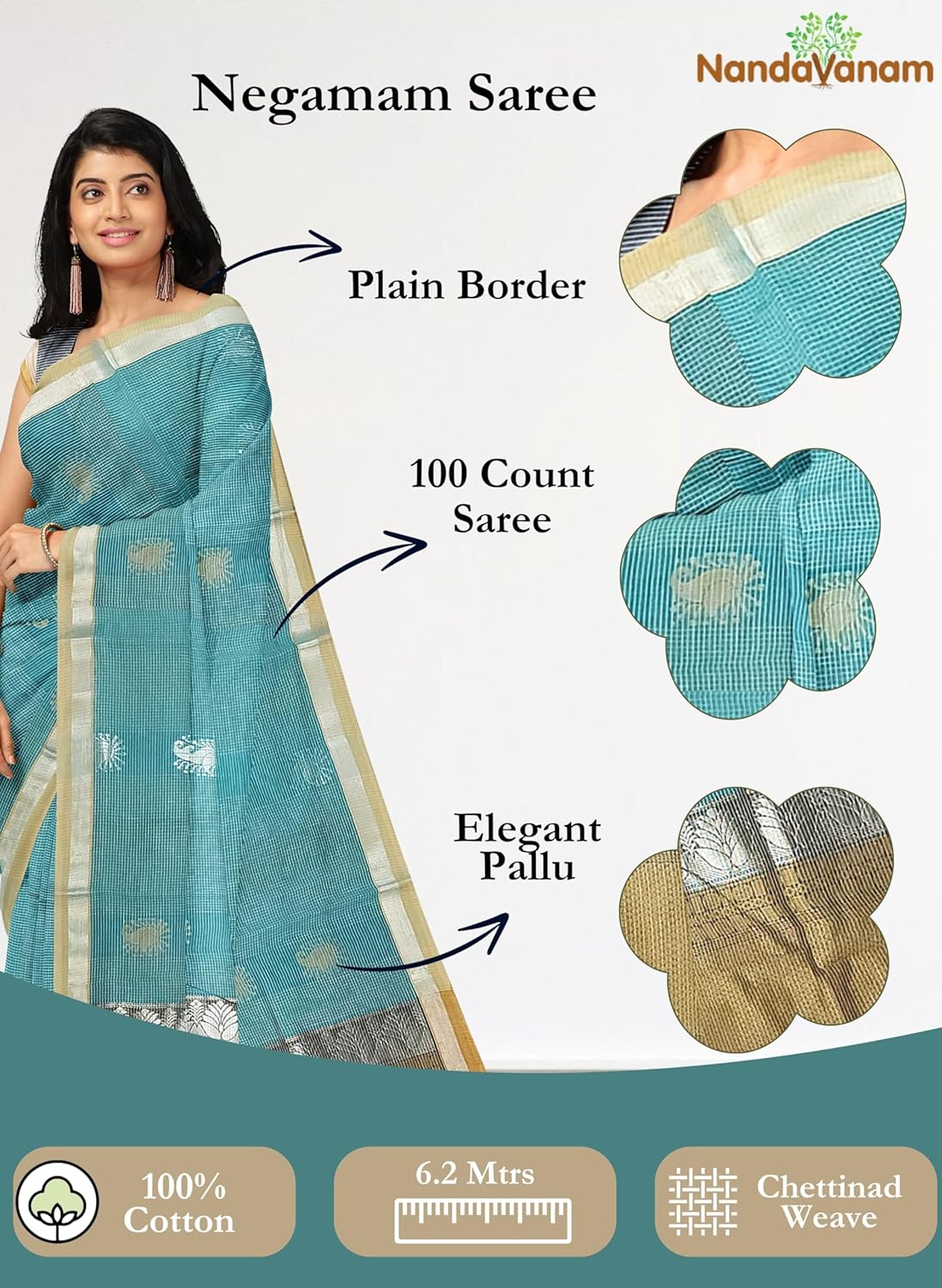 Women's 100 Count Kovai Cotton Saree | Handloom Negamam Cotton Saree | Coimbatore Cotton Saree - With Contrast Blouse - Image 2