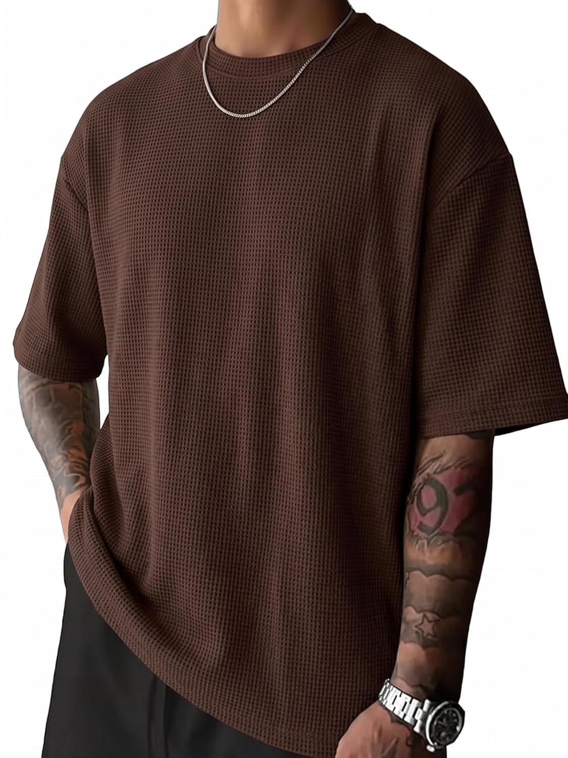 RodZen Men Waffel Texture Loose Fit Round Neck Half Sleeve Polycotton Tshirt - Image 8