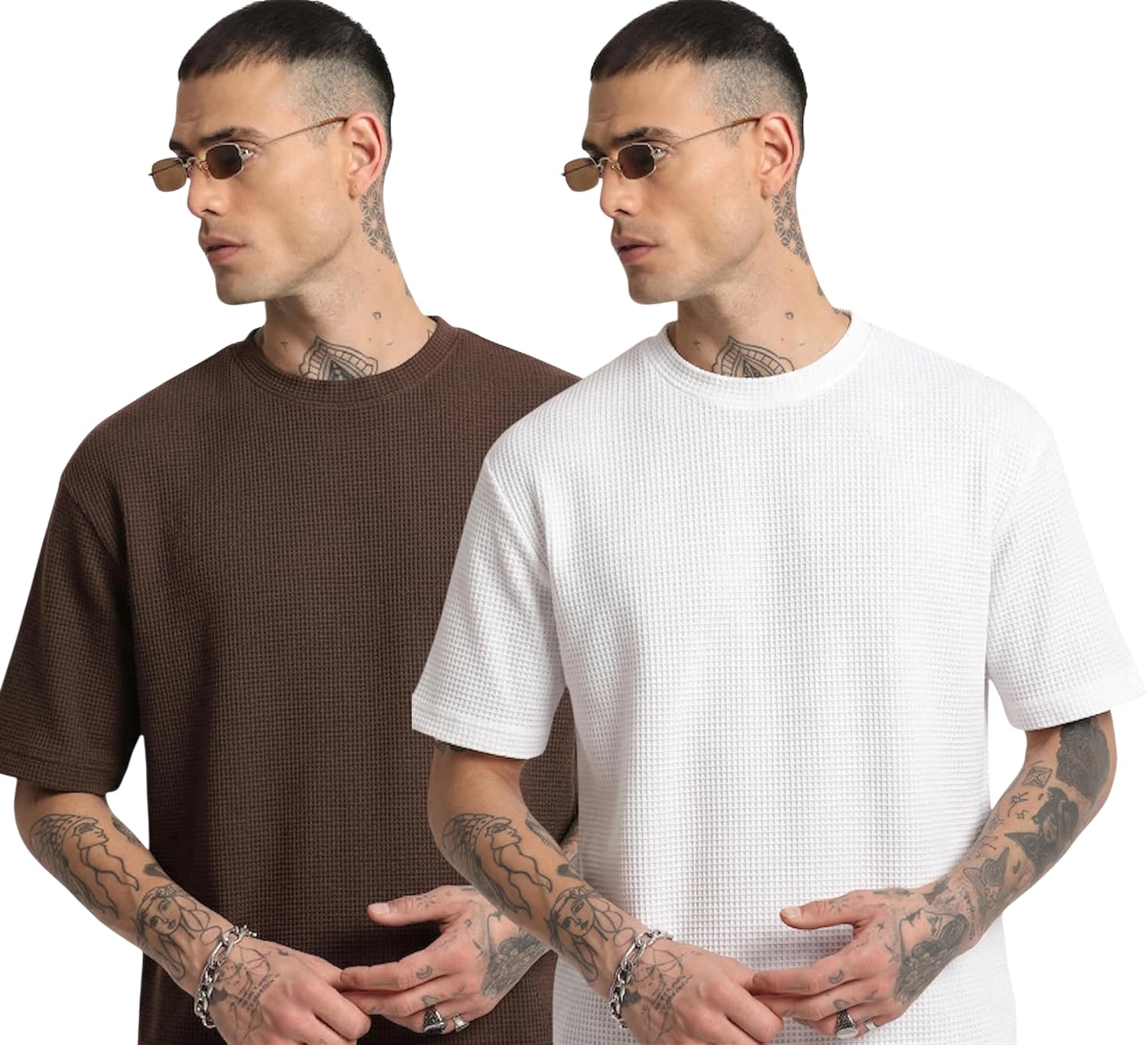 RodZen Men Waffel Texture Drop Shoulder Fit Round Neck Half Sleeve Polycotton Tshirt Pack of 2 - Image 4