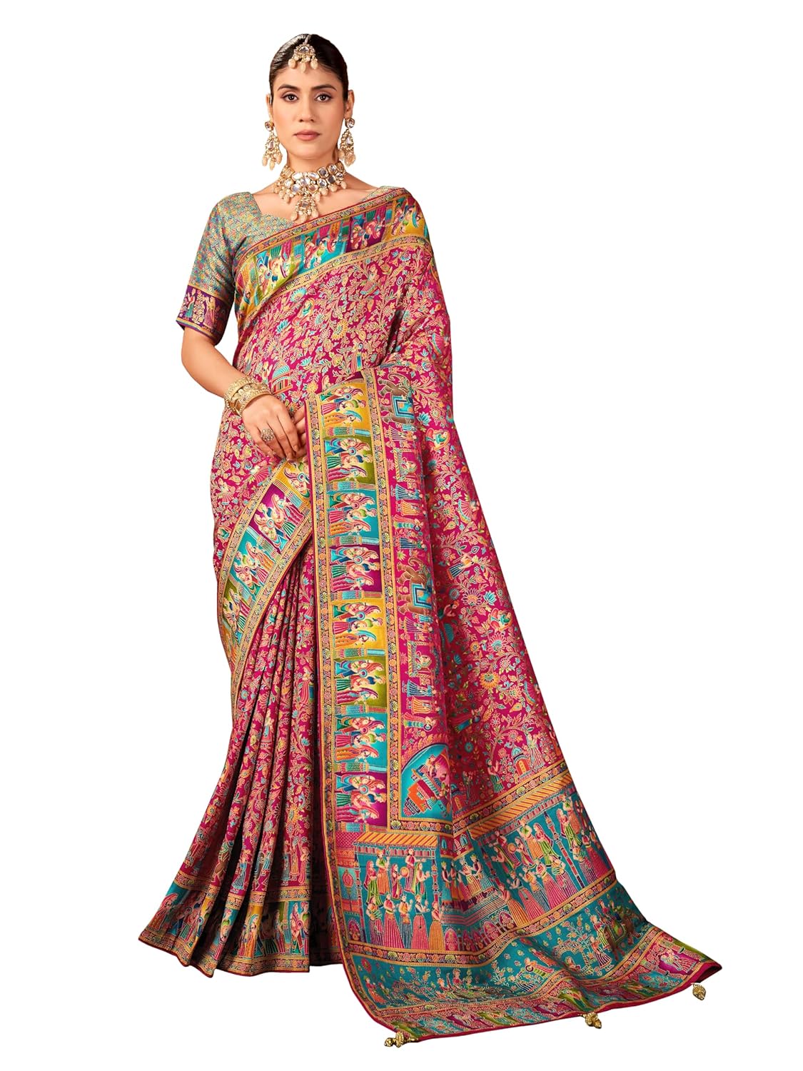 Glory Sarees Women's Luxurious Dola Pure Silk Original Saree Position Print Work Madhubani Inspired Motifs Banarasi Kanjivaram Style Saree With Blouse Piece (Elegant101_Parent) - Image 6
