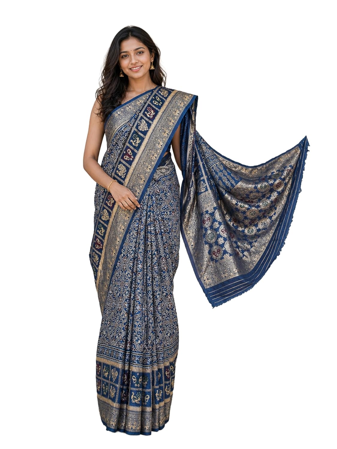 Ethnics of Kutch Ajrakh Dola Silk Saree for Women |Natural Dye Hand Block Print | Nakshi Jari Pallu and All Around Border | Unstitched Blouse Piece | 5.5 Mtr Length - Image 6