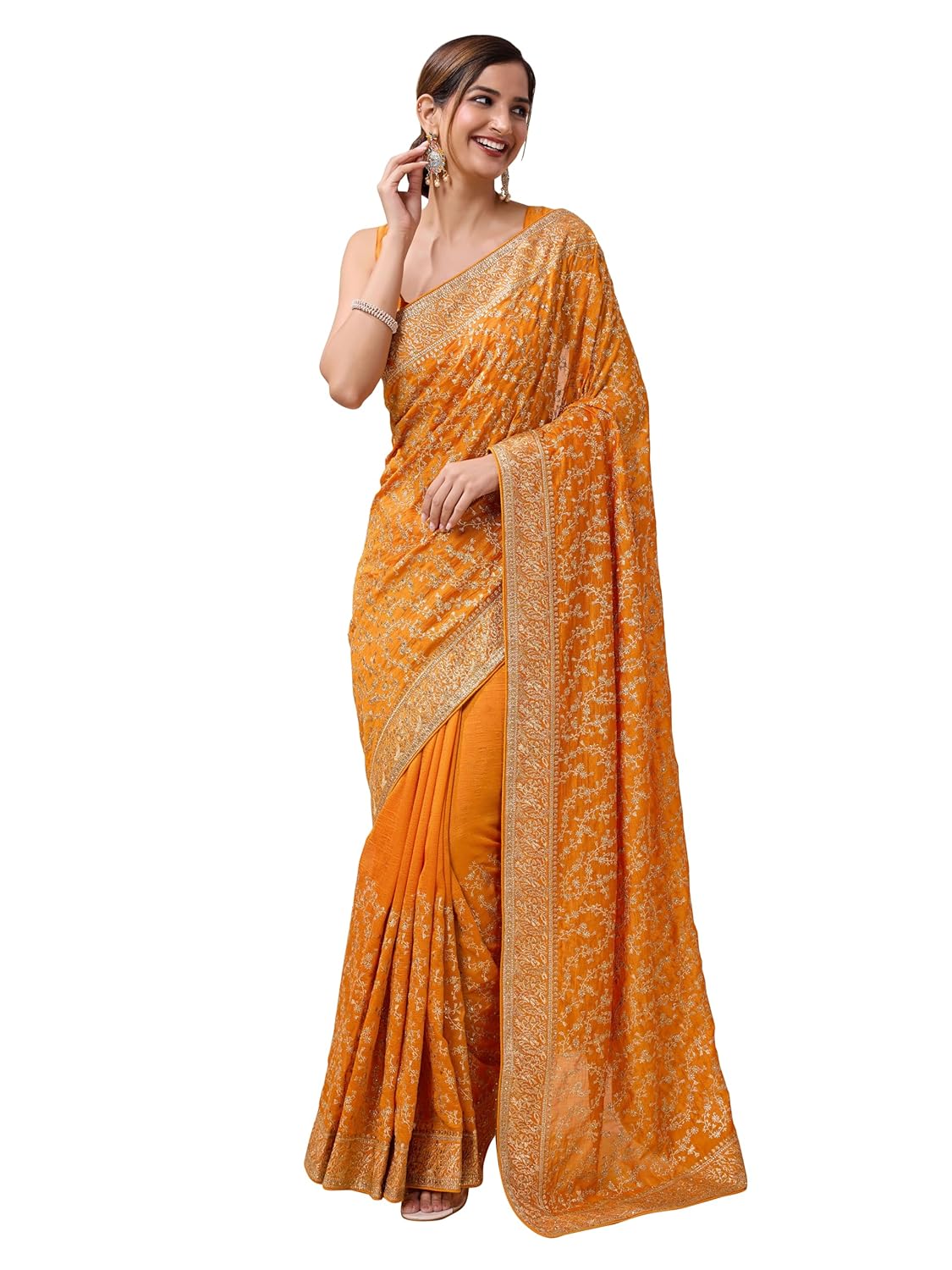 TRENDMALLS Women's Vichitra Silk Heavy Embroidery With Siroski Stone Work Saree with Unstitch Blouse Piece For Women - Image 4