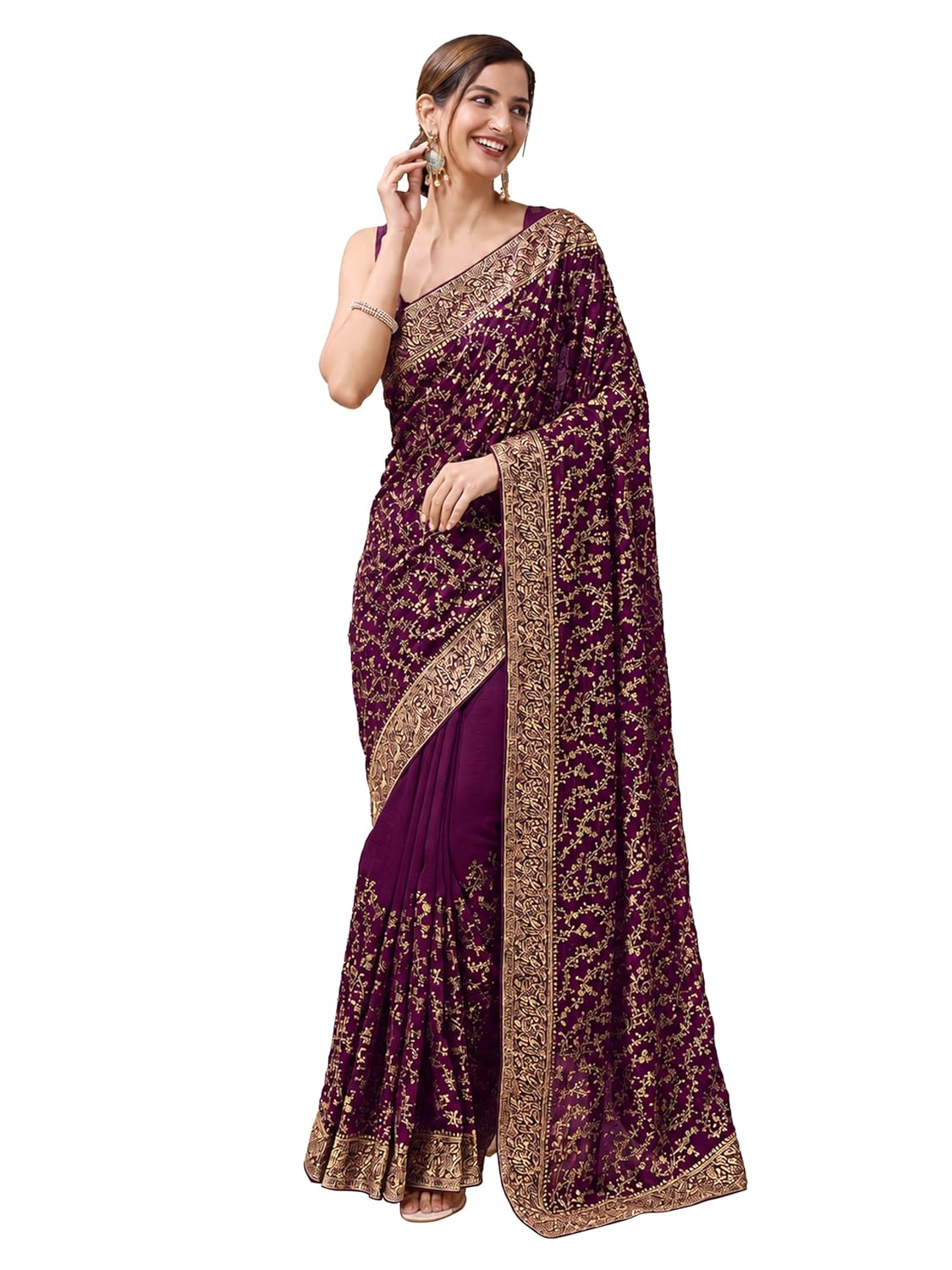 TRENDMALLS Women's Vichitra Silk Heavy Embroidery With Siroski Stone Work Saree with Unstitch Blouse Piece For Women - Image 3