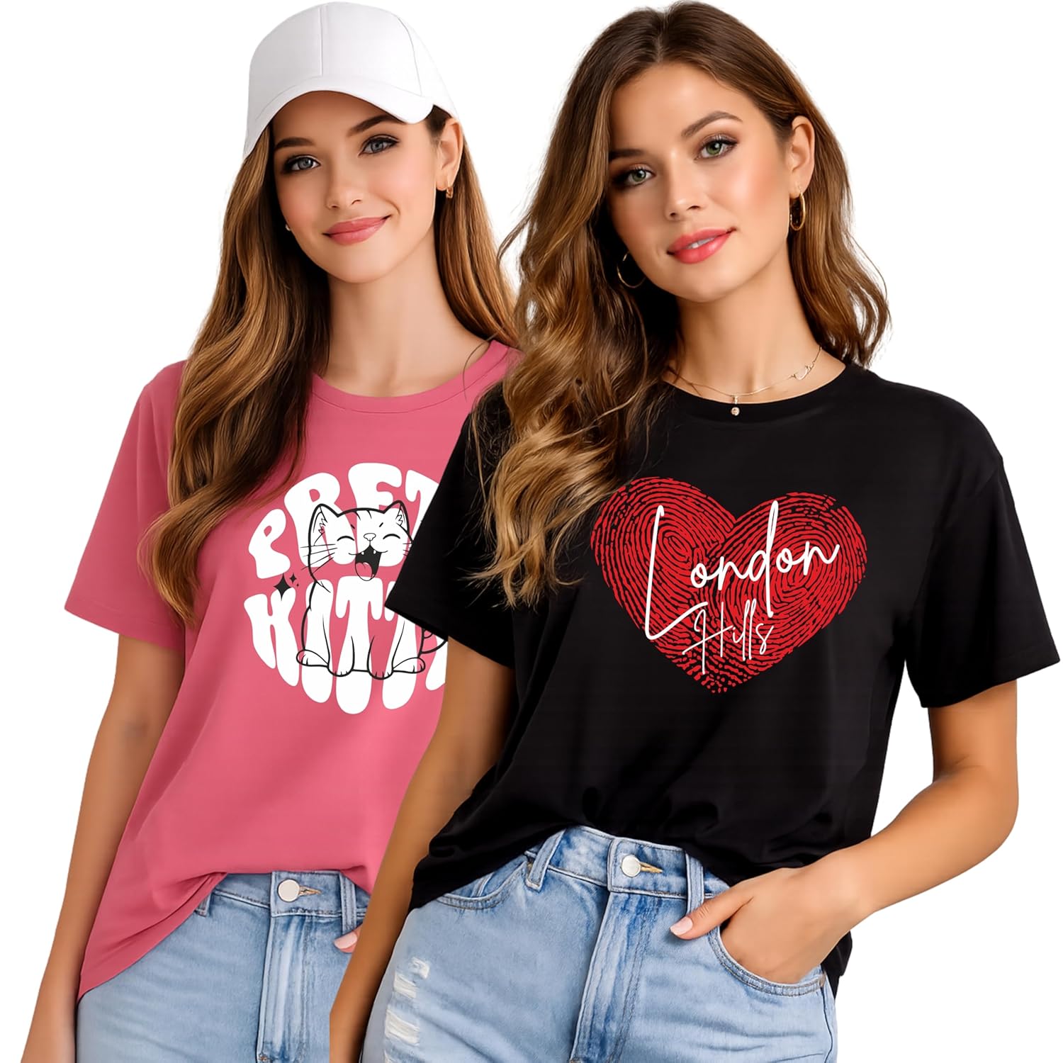 London Hills Women's Loose Fit Printed Cotton T-Shirt Pack of 2 | Casual Round Neck Half Sleeve Graphic Tee | Breathable Summer Top for College, Travel & Outing - Image 2