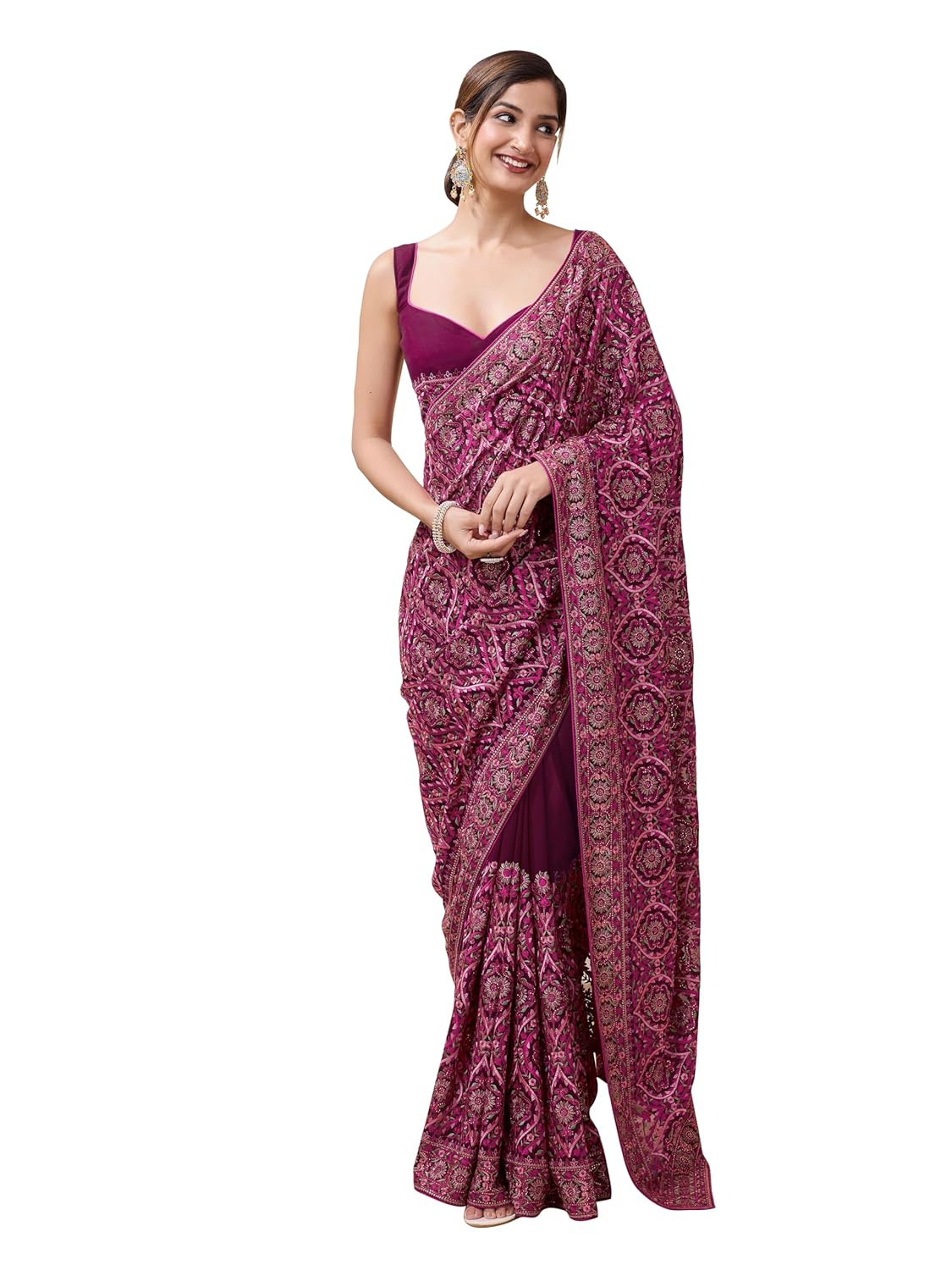 TRENDMALLS Women's Vichitra Silk Heavy Embroidery With Siroski Stone Work Saree with Unstitch Blouse Piece For Women - Image 6