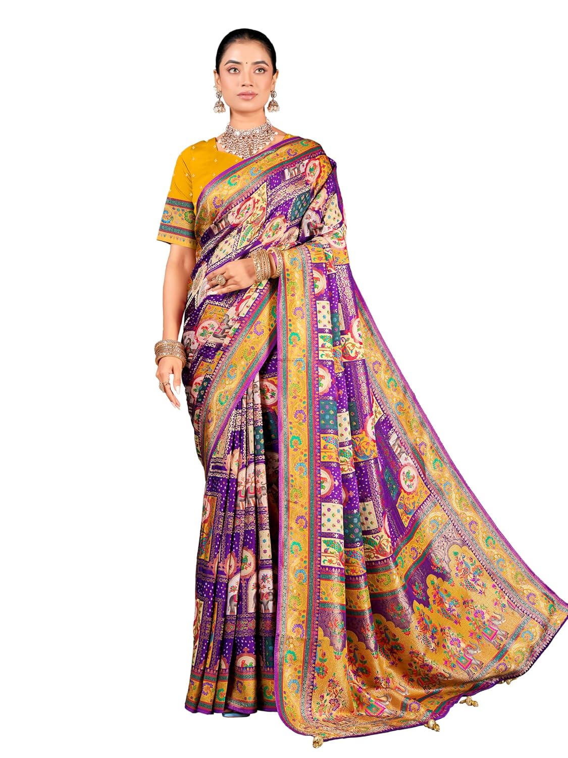 Glory Sarees Women's Luxurious Dola Pure Silk Original Saree Position Print Work Madhubani Inspired Motifs Banarasi Kanjivaram Style Saree With Blouse Piece (Elegant101_Parent) - Image 13