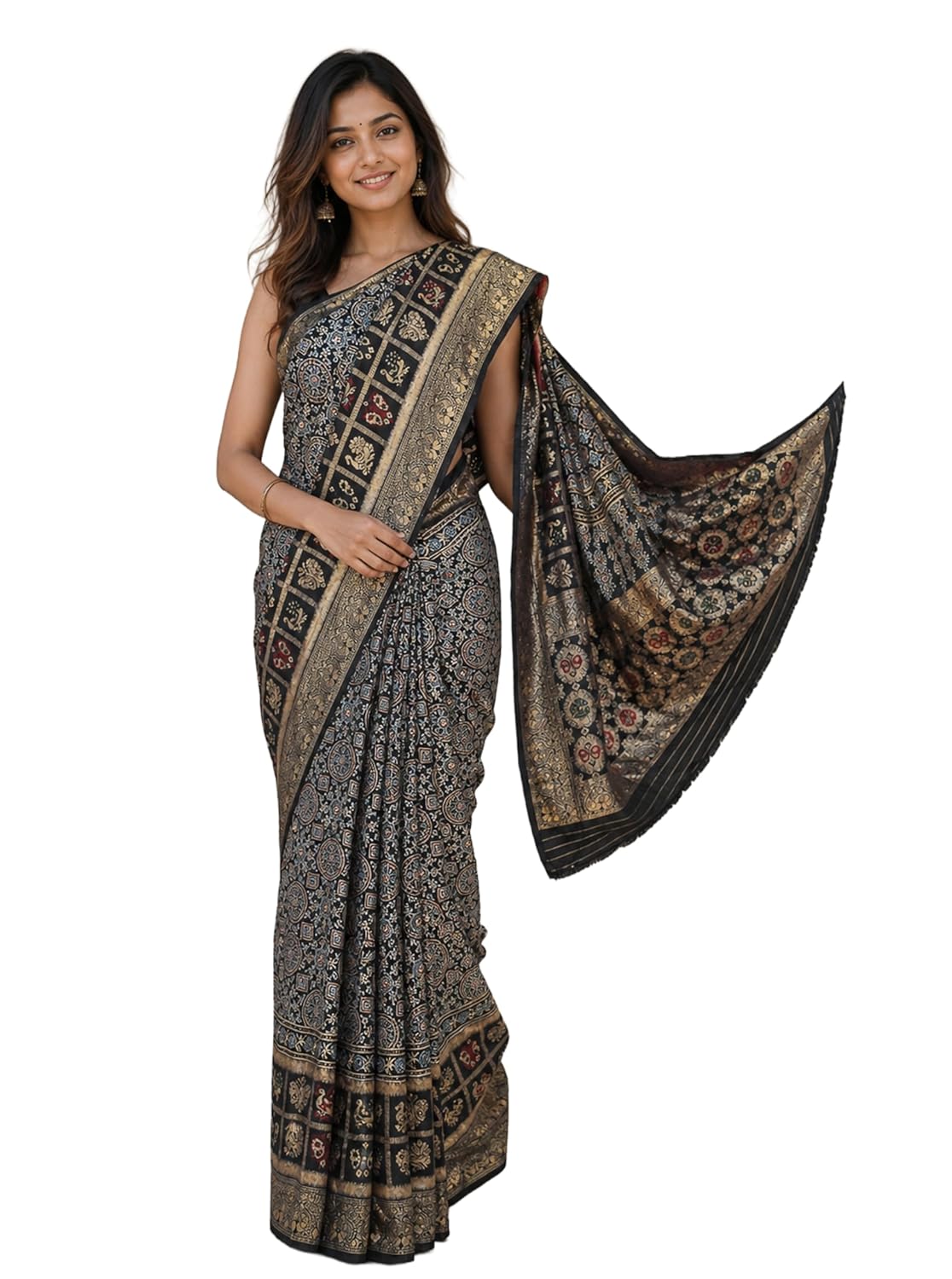 Ethnics of Kutch Ajrakh Dola Silk Saree for Women |Natural Dye Hand Block Print | Nakshi Jari Pallu and All Around Border | Unstitched Blouse Piece | 5.5 Mtr Length - Image 7