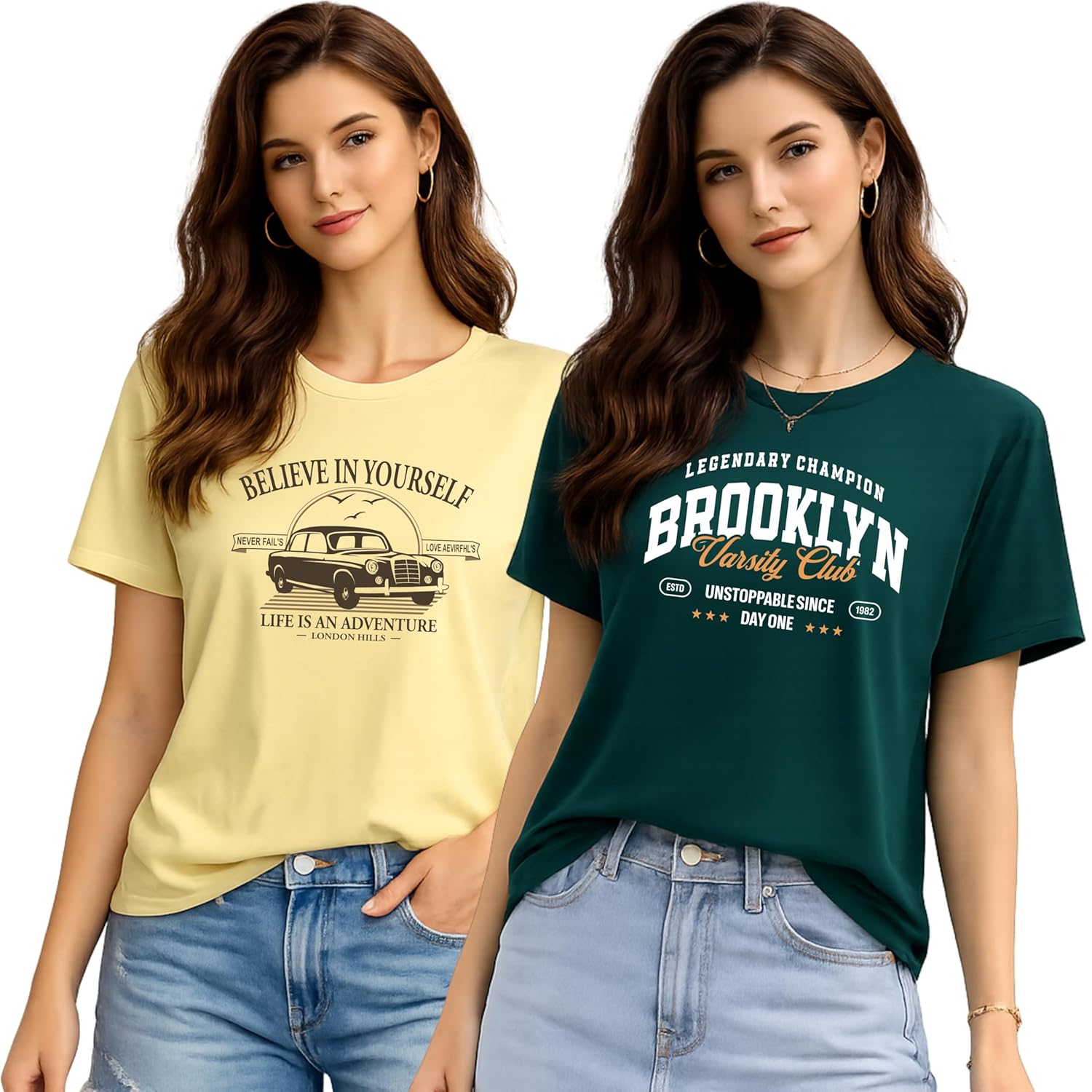 London Hills Women's Loose Fit Printed Cotton T-Shirt Pack of 2 | Casual Round Neck Half Sleeve Graphic Tee | Breathable Summer Top for College, Travel & Outing - Image 5
