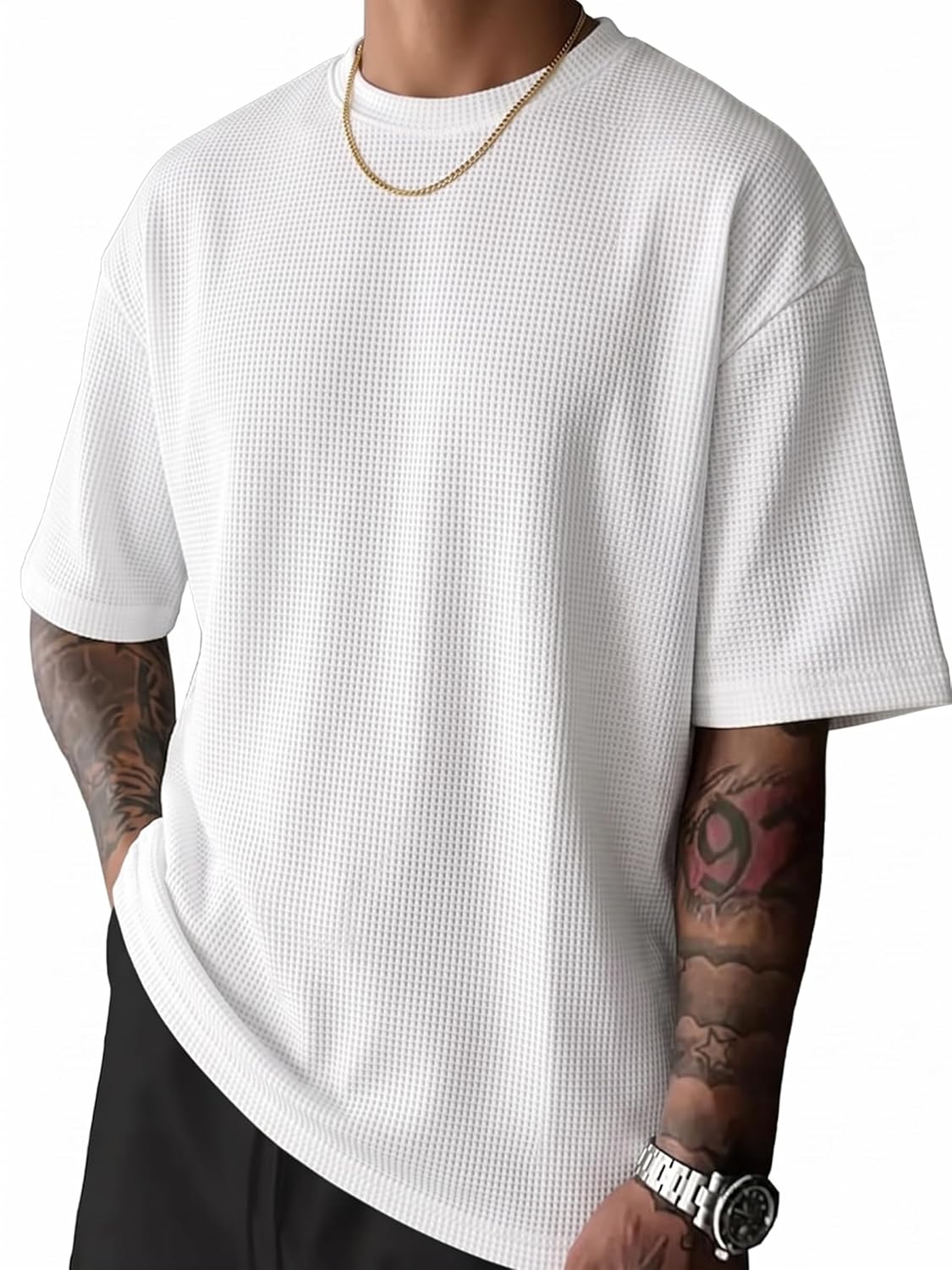 RodZen Men Waffel Texture Loose Fit Round Neck Half Sleeve Polycotton Tshirt