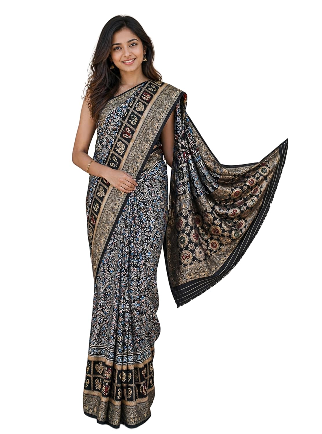 Ethnics of Kutch Ajrakh Dola Silk Saree for Women |Natural Dye Hand Block Print | Nakshi Jari Pallu and All Around Border | Unstitched Blouse Piece | 5.5 Mtr Length - Image 5