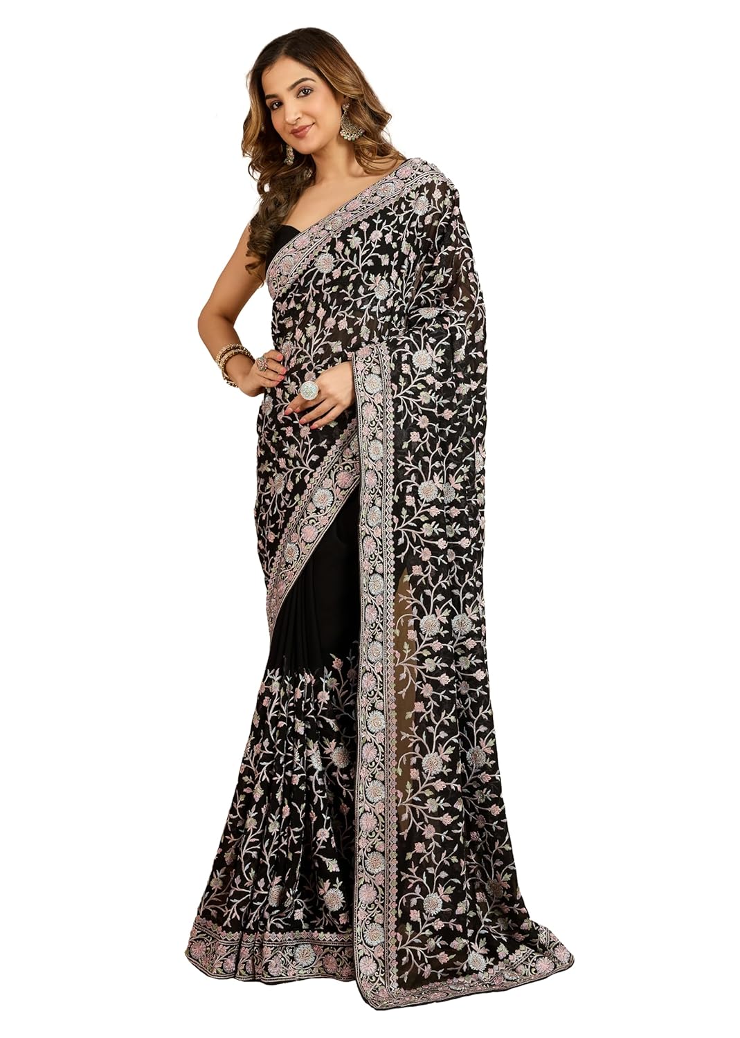 TRENDMALLS Women's Georgette Multi Colour Resham Thread Embroidery with Siroski work Saree with Unstitched Blouse Piece - Image 2