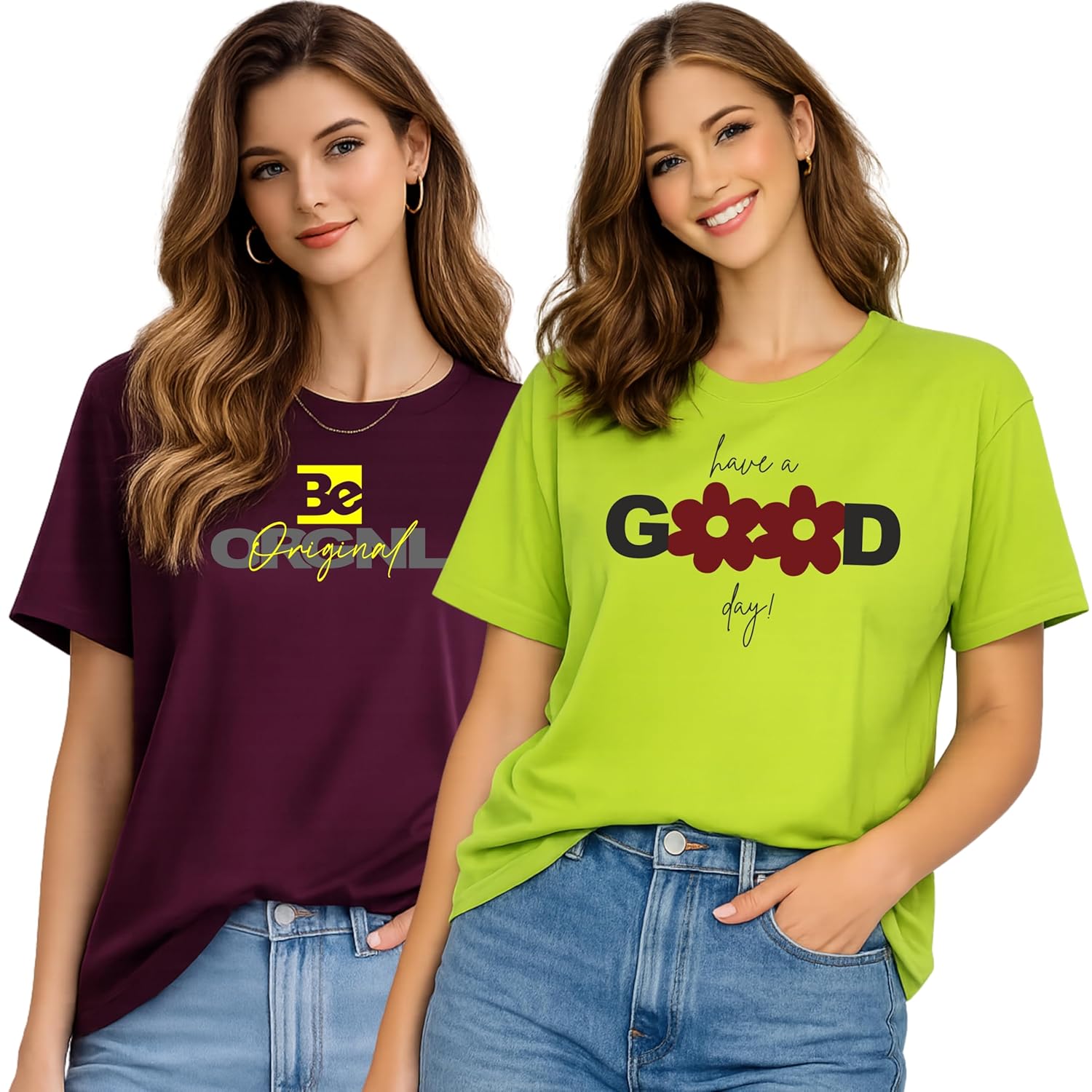 London Hills Women's Loose Fit Printed Cotton T-Shirt Pack of 2 | Casual Round Neck Half Sleeve Graphic Tee | Breathable Summer Top for College, Travel & Outing - Image 3