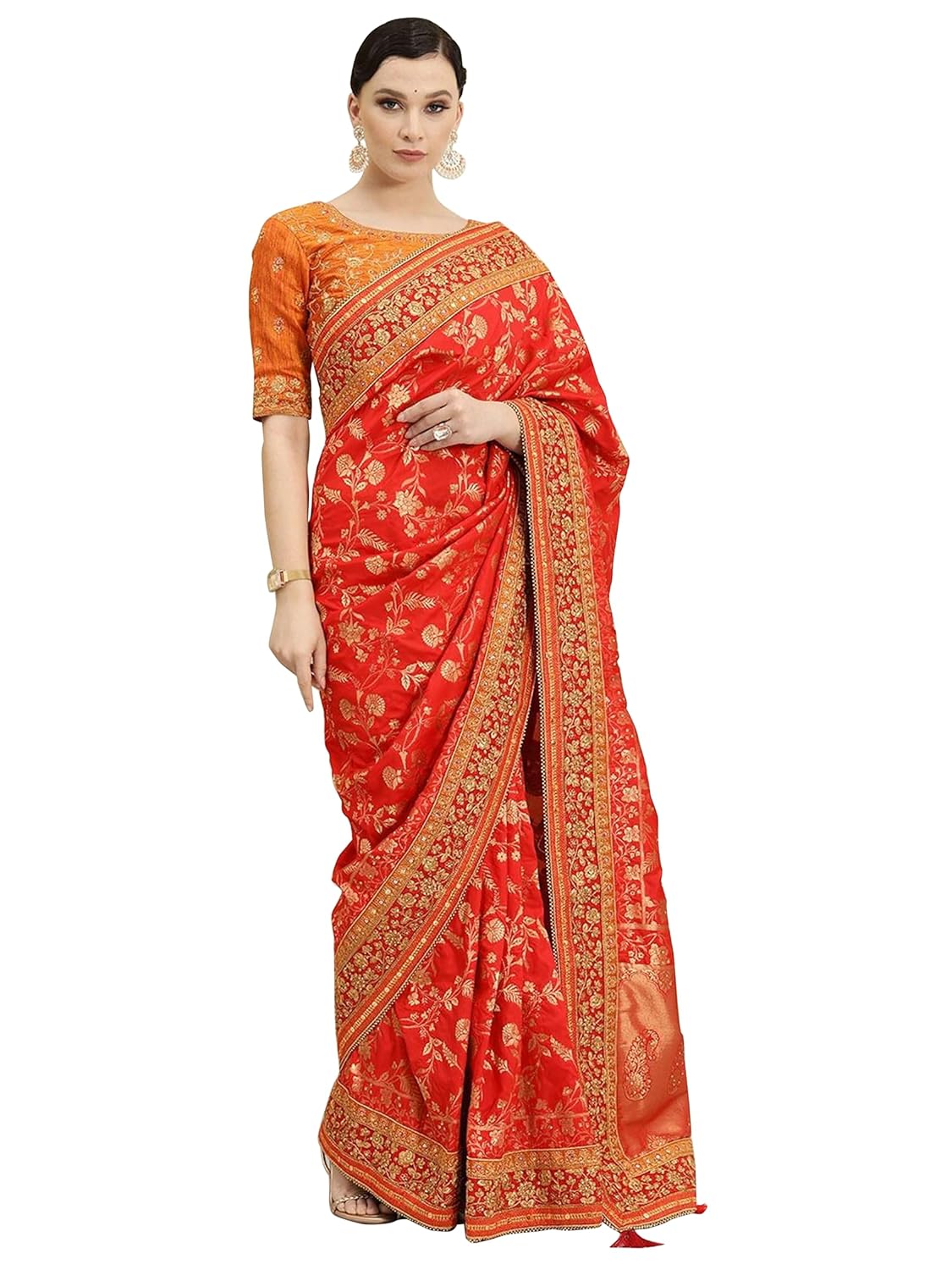 TRENDMALLS Women's Pure Silk Embroidery Work Saree with Unstitch Blouse Piece
