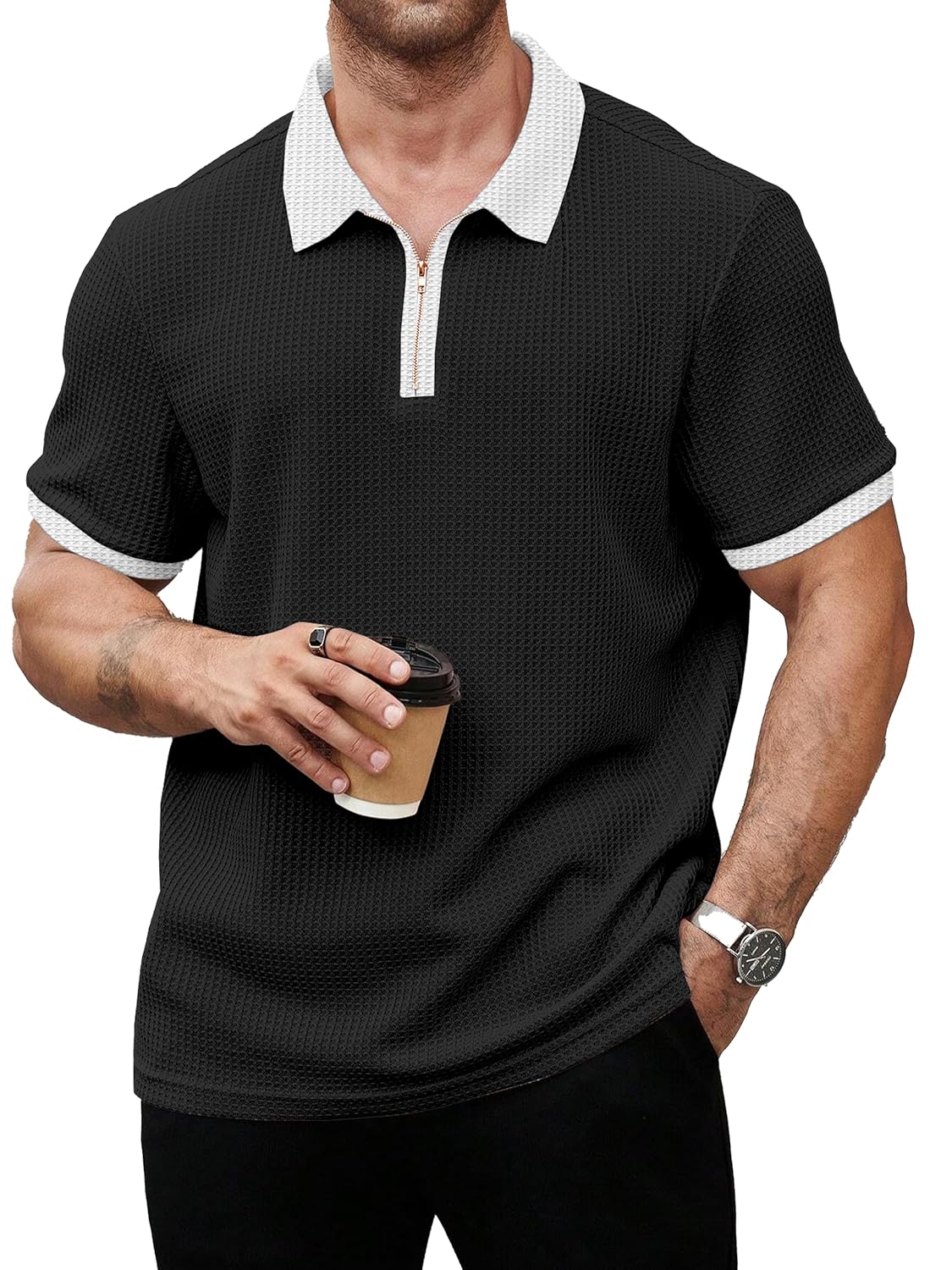 KAJARU Men's Waffle Knit Polo T-Shirt, Short Sleeve, Zip Collar with White Trim (POLO-8034) - Image 2