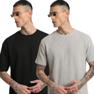 RodZen Men Waffel Texture Drop Shoulder Fit Round Neck Half Sleeve Polycotton Tshirt Pack of 2