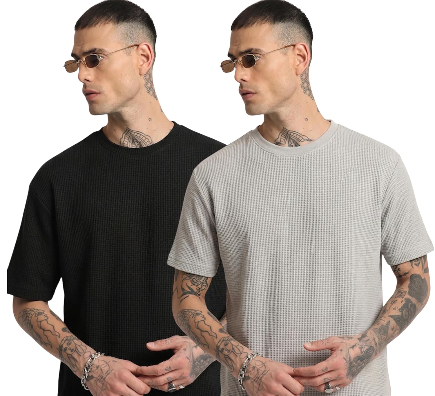 RodZen Men Waffel Texture Drop Shoulder Fit Round Neck Half Sleeve Polycotton Tshirt Pack of 2