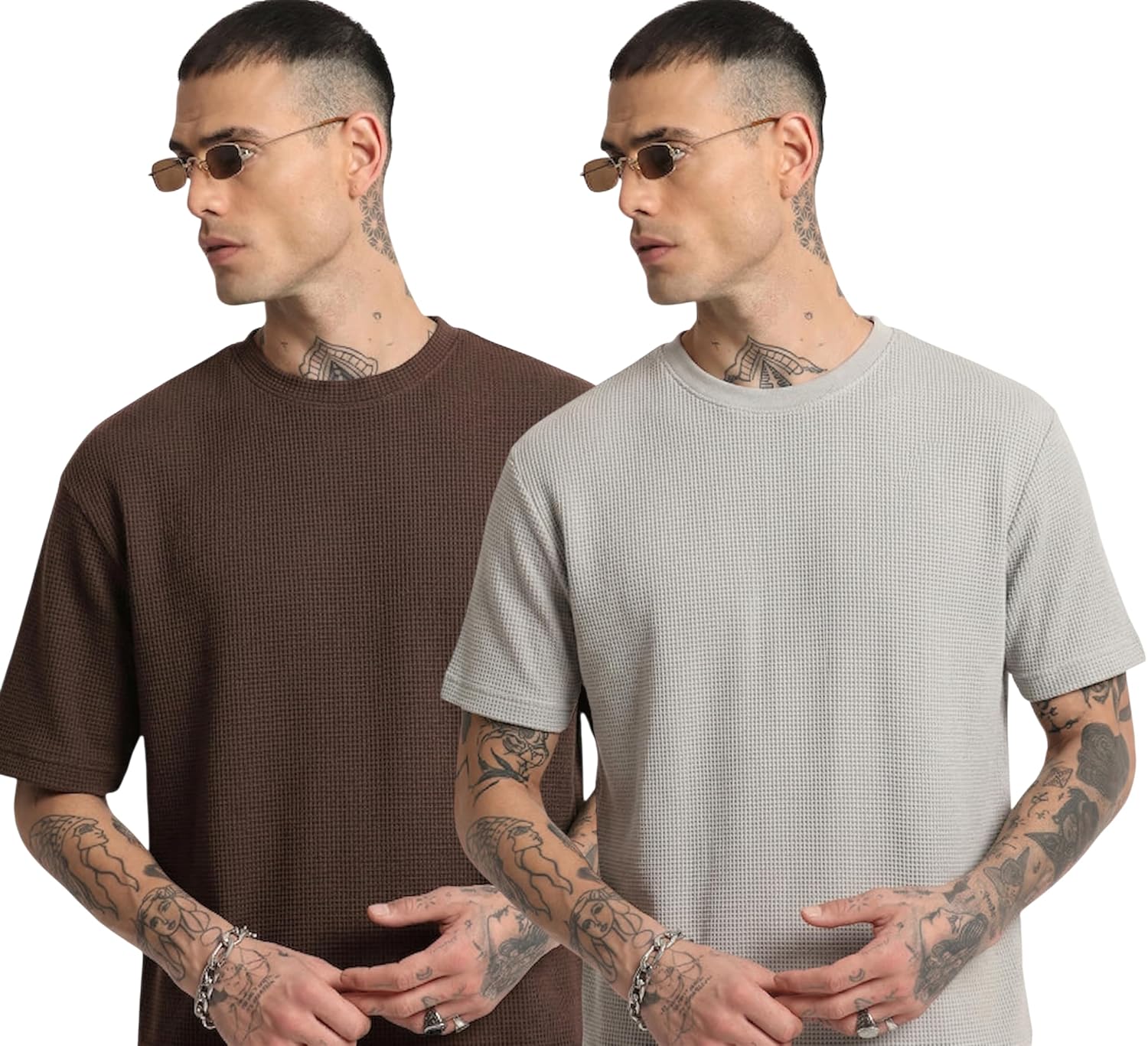 RodZen Men Waffel Texture Drop Shoulder Fit Round Neck Half Sleeve Polycotton Tshirt Pack of 2 - Image 3