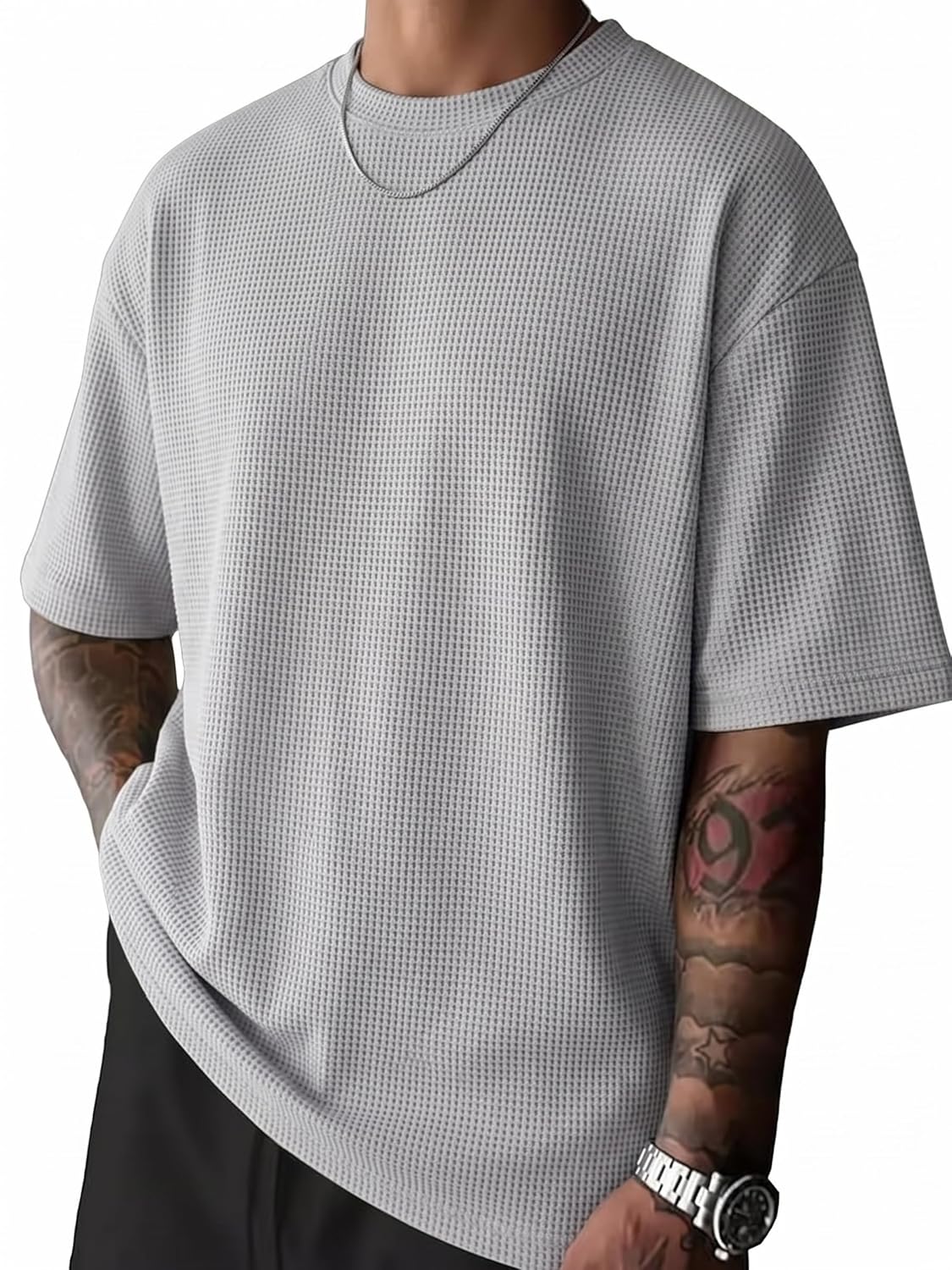 RodZen Men Waffel Texture Loose Fit Round Neck Half Sleeve Polycotton Tshirt - Image 9