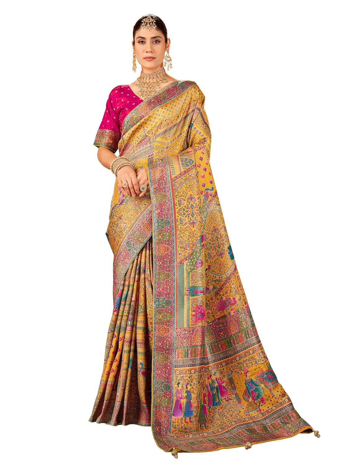 Glory Sarees Women's Luxurious Dola Pure Silk Original Saree Position Print Work Madhubani Inspired Motifs Banarasi Kanjivaram Style Saree With Blouse Piece (Elegant101_Parent) - Image 14