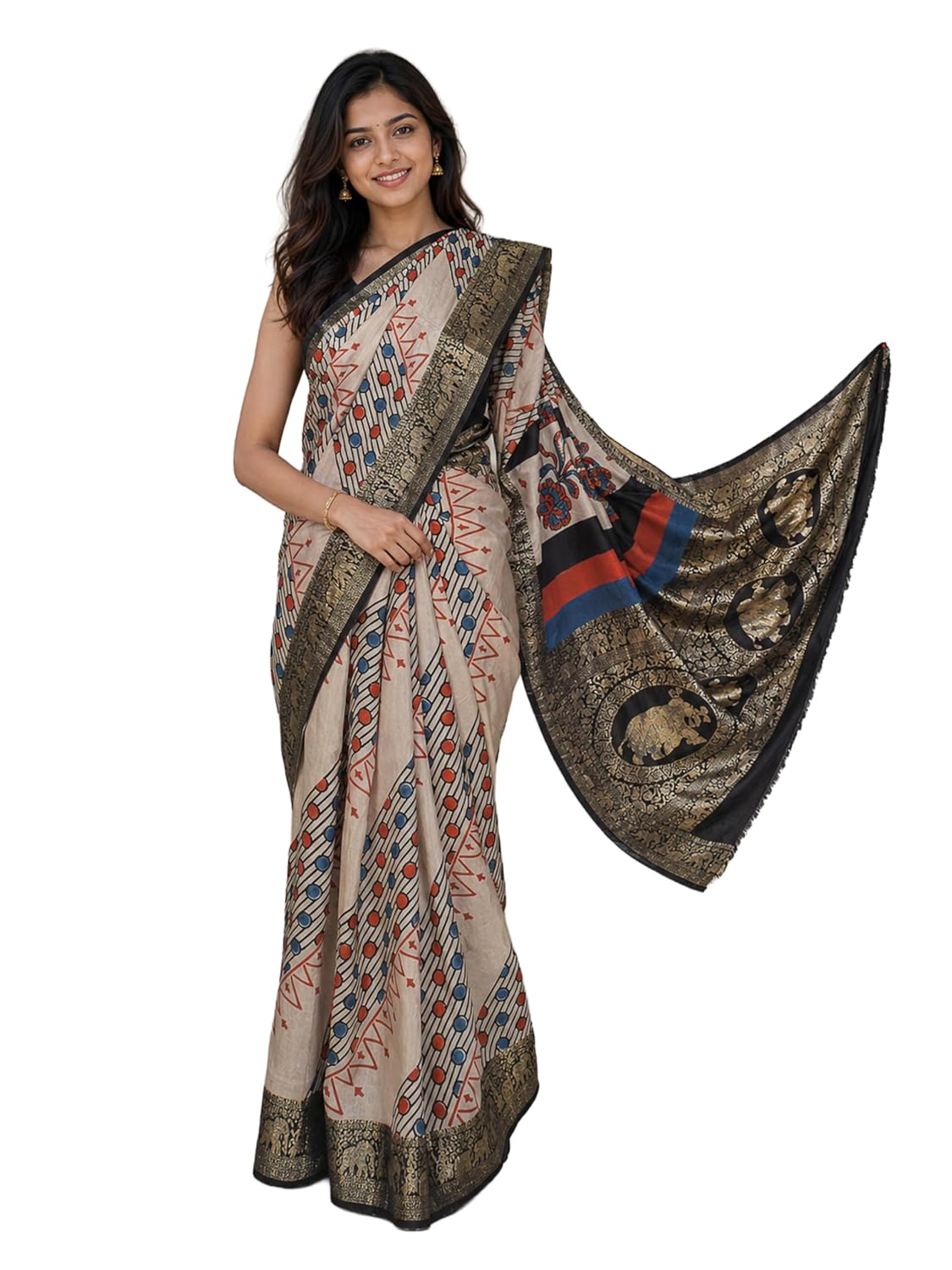 Ethnics of Kutch Ajrakh Dola Silk Saree for Women |Natural Dye Hand Block Print | Nakshi Jari Pallu and All Around Border | Unstitched Blouse Piece | 5.5 Mtr Length - Image 10