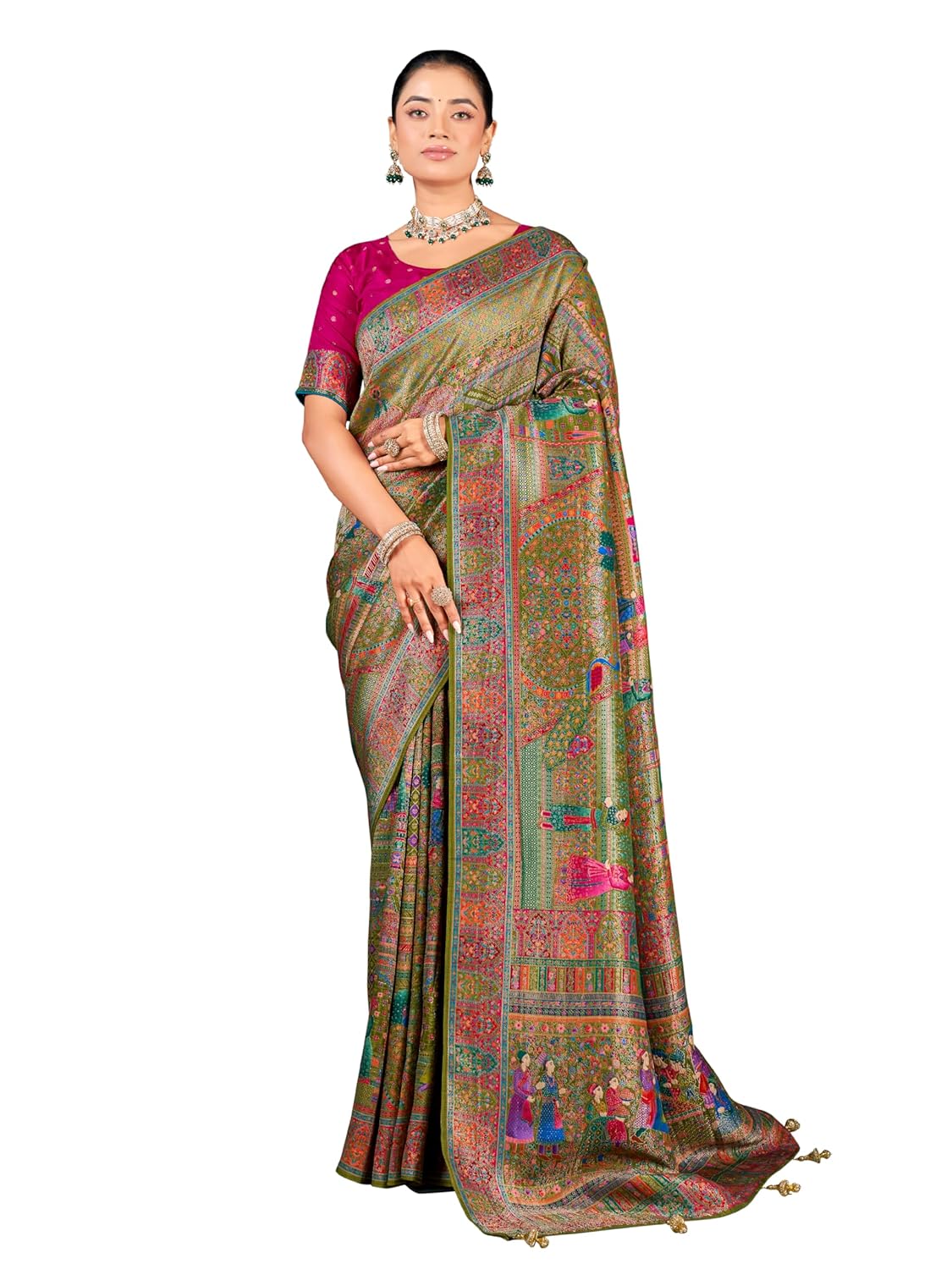Glory Sarees Women's Luxurious Dola Pure Silk Original Saree Position Print Work Madhubani Inspired Motifs Banarasi Kanjivaram Style Saree With Blouse Piece (Elegant101_Parent) - Image 3