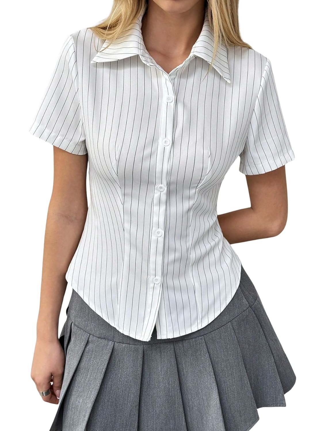 Aahwan White Solid Button-Down Striped Print Casual Short Sleeve Shirt for Women's & Girl's - Image 7