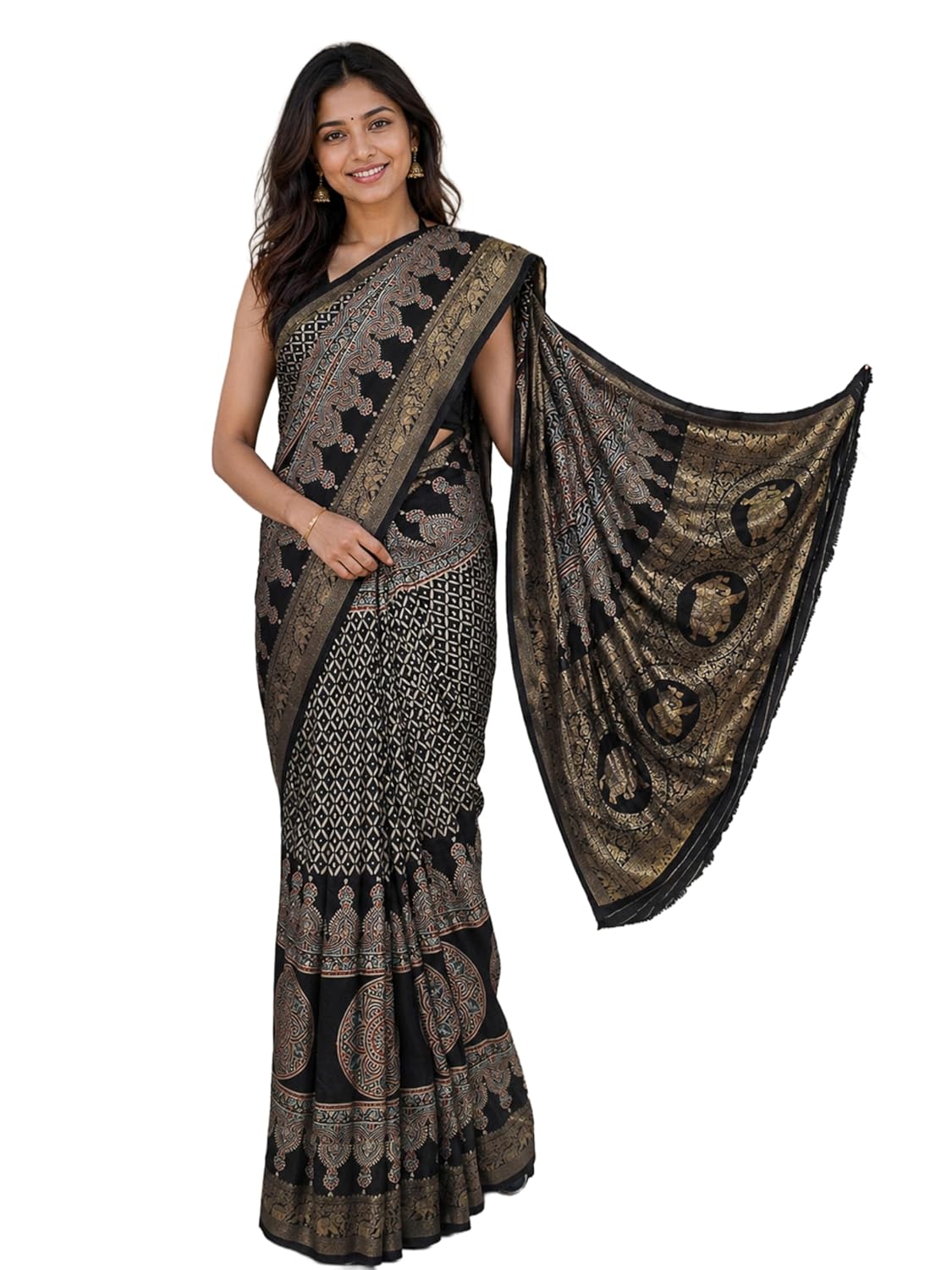 Ethnics of Kutch Ajrakh Dola Silk Saree for Women |Natural Dye Hand Block Print | Nakshi Jari Pallu and All Around Border | Unstitched Blouse Piece | 5.5 Mtr Length - Image 3