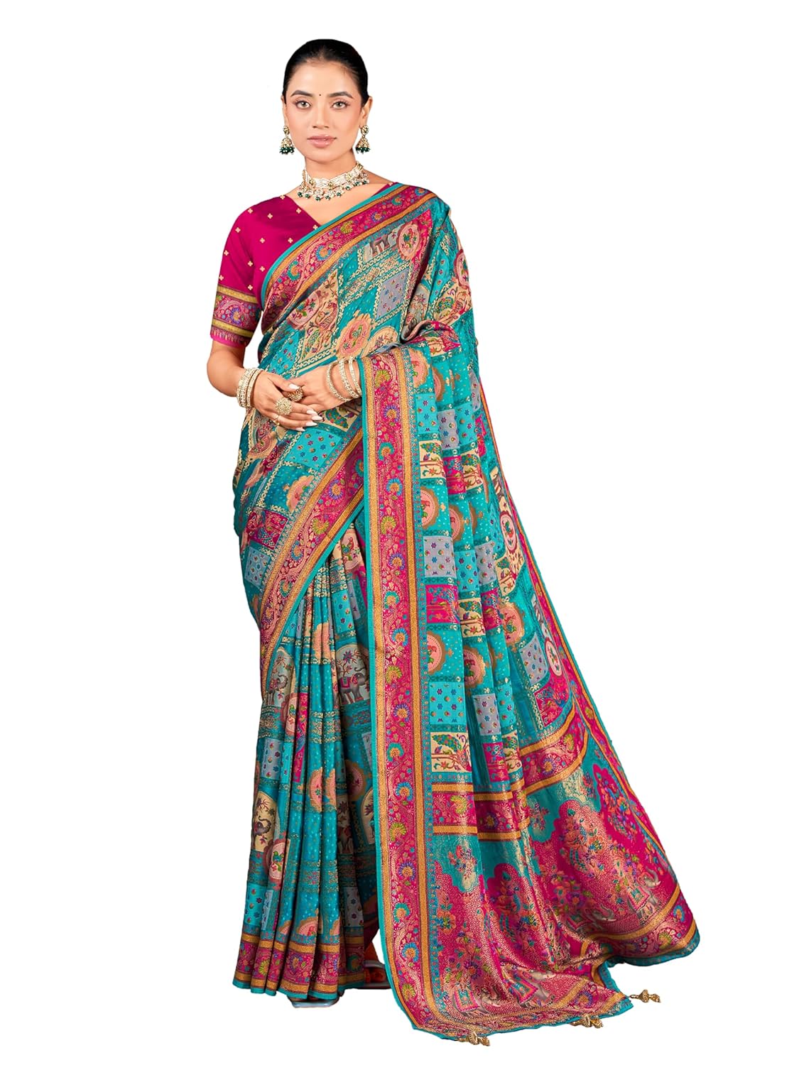 Glory Sarees Women's Luxurious Dola Pure Silk Original Saree Position Print Work Madhubani Inspired Motifs Banarasi Kanjivaram Style Saree With Blouse Piece (Elegant101_Parent) - Image 2