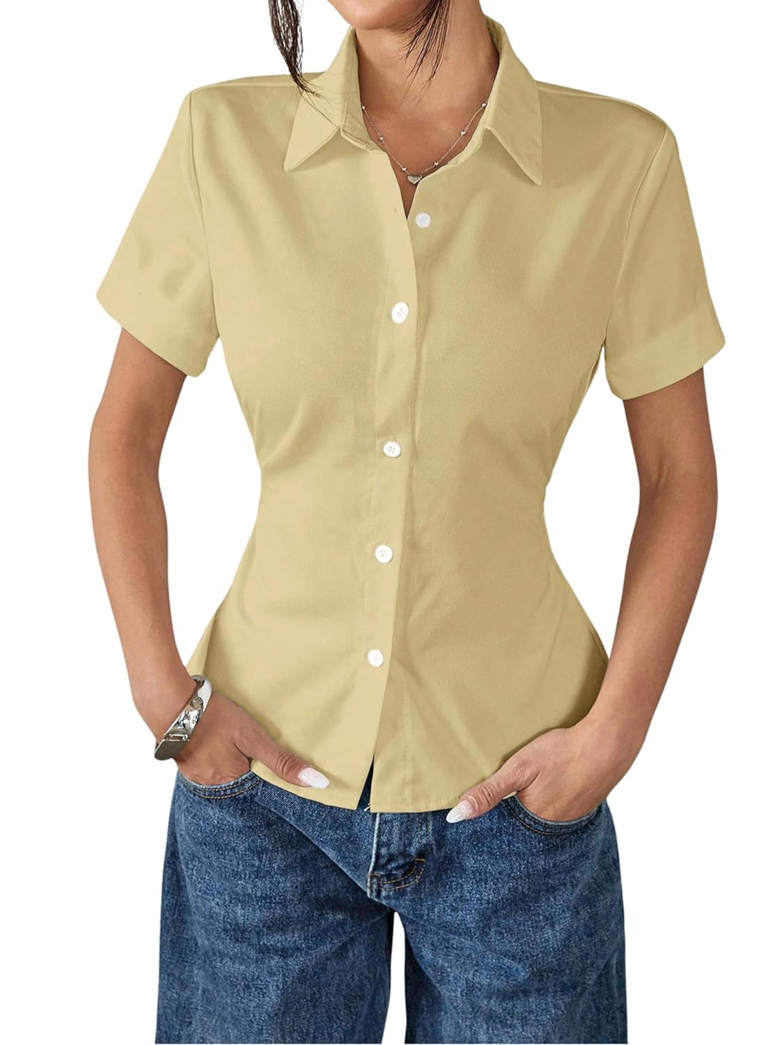 Aahwan White Solid Button-Down Striped Print Casual Short Sleeve Shirt for Women's & Girl's - Image 4