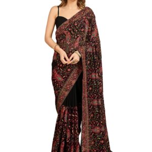 TRENDMALLS Women's Georgette Multi Colour Resham Thread Embroidery with Siroski work Saree with Unstitched Blouse Piece