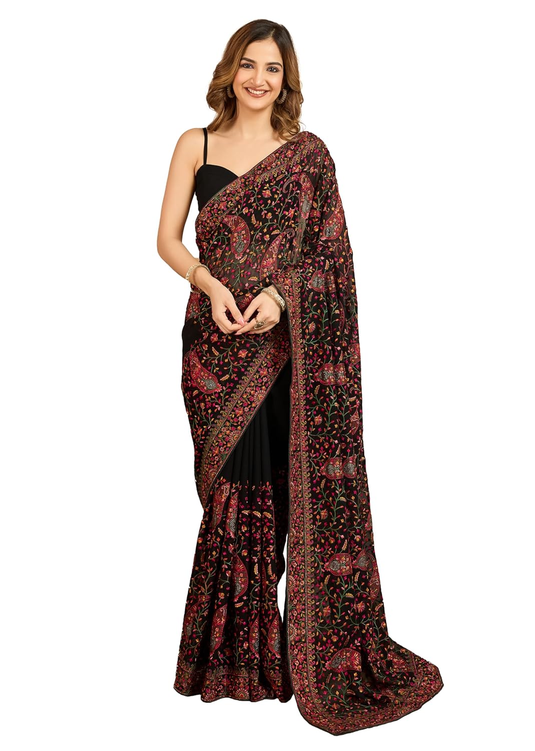 TRENDMALLS Women's Georgette Multi Colour Resham Thread Embroidery with Siroski work Saree with Unstitched Blouse Piece