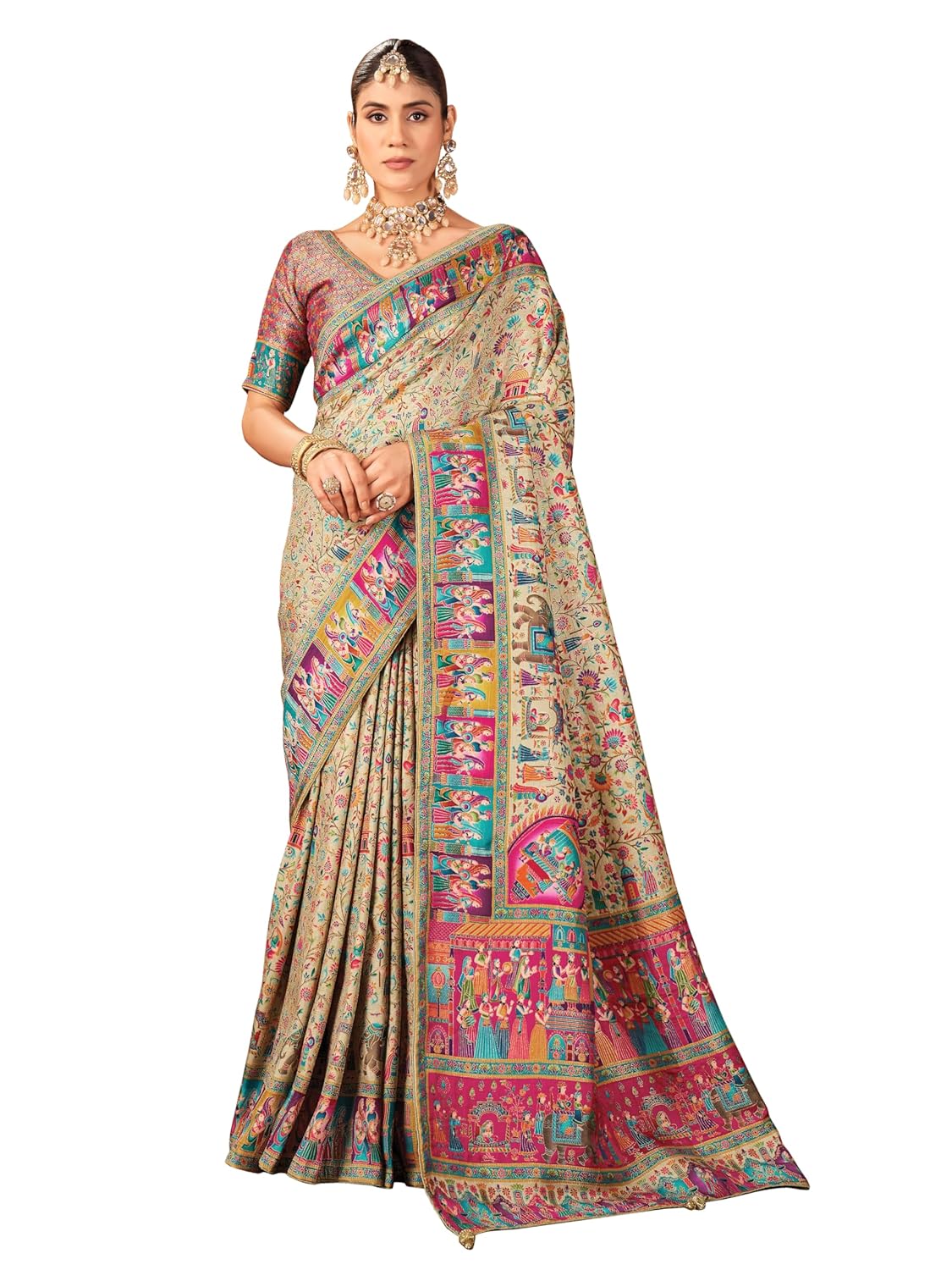 Glory Sarees Women's Luxurious Dola Pure Silk Original Saree Position Print Work Madhubani Inspired Motifs Banarasi Kanjivaram Style Saree With Blouse Piece (Elegant101_Parent) - Image 11