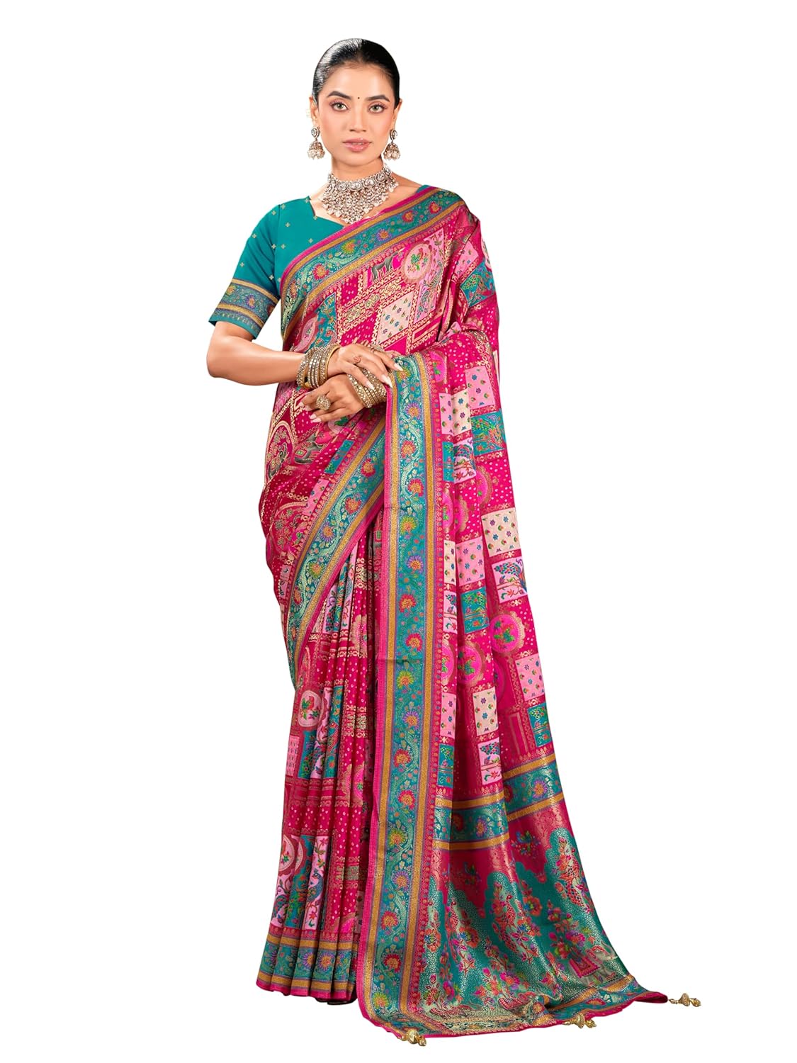 Glory Sarees Women's Luxurious Dola Pure Silk Original Saree Position Print Work Madhubani Inspired Motifs Banarasi Kanjivaram Style Saree With Blouse Piece (Elegant101_Parent) - Image 15
