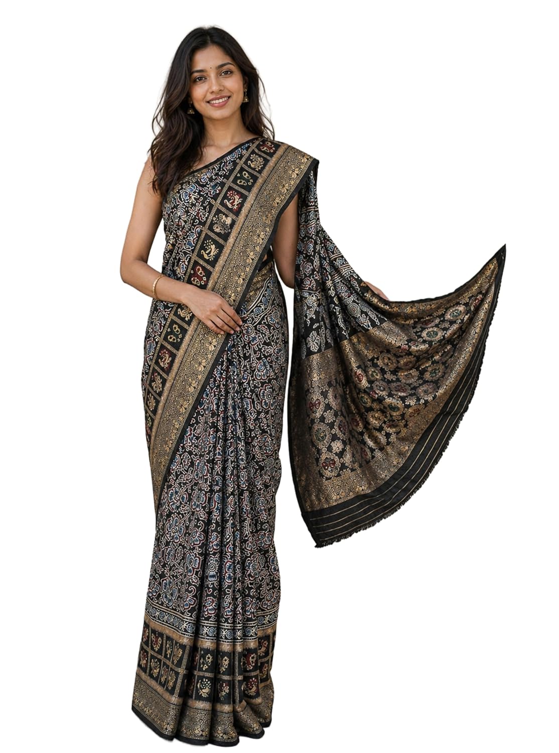 Ethnics of Kutch Ajrakh Dola Silk Saree for Women |Natural Dye Hand Block Print | Nakshi Jari Pallu and All Around Border | Unstitched Blouse Piece | 5.5 Mtr Length - Image 4