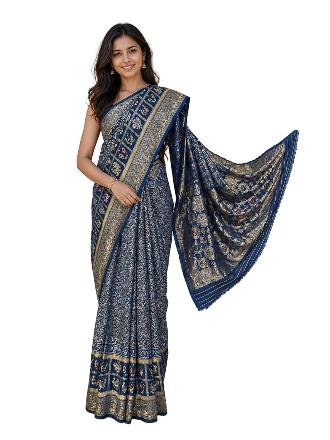 Ethnics of Kutch Ajrakh Dola Silk Saree for Women |Natural Dye Hand Block Print | Nakshi Jari Pallu and All Around Border | Unstitched Blouse Piece | 5.5 Mtr Length - Image 11