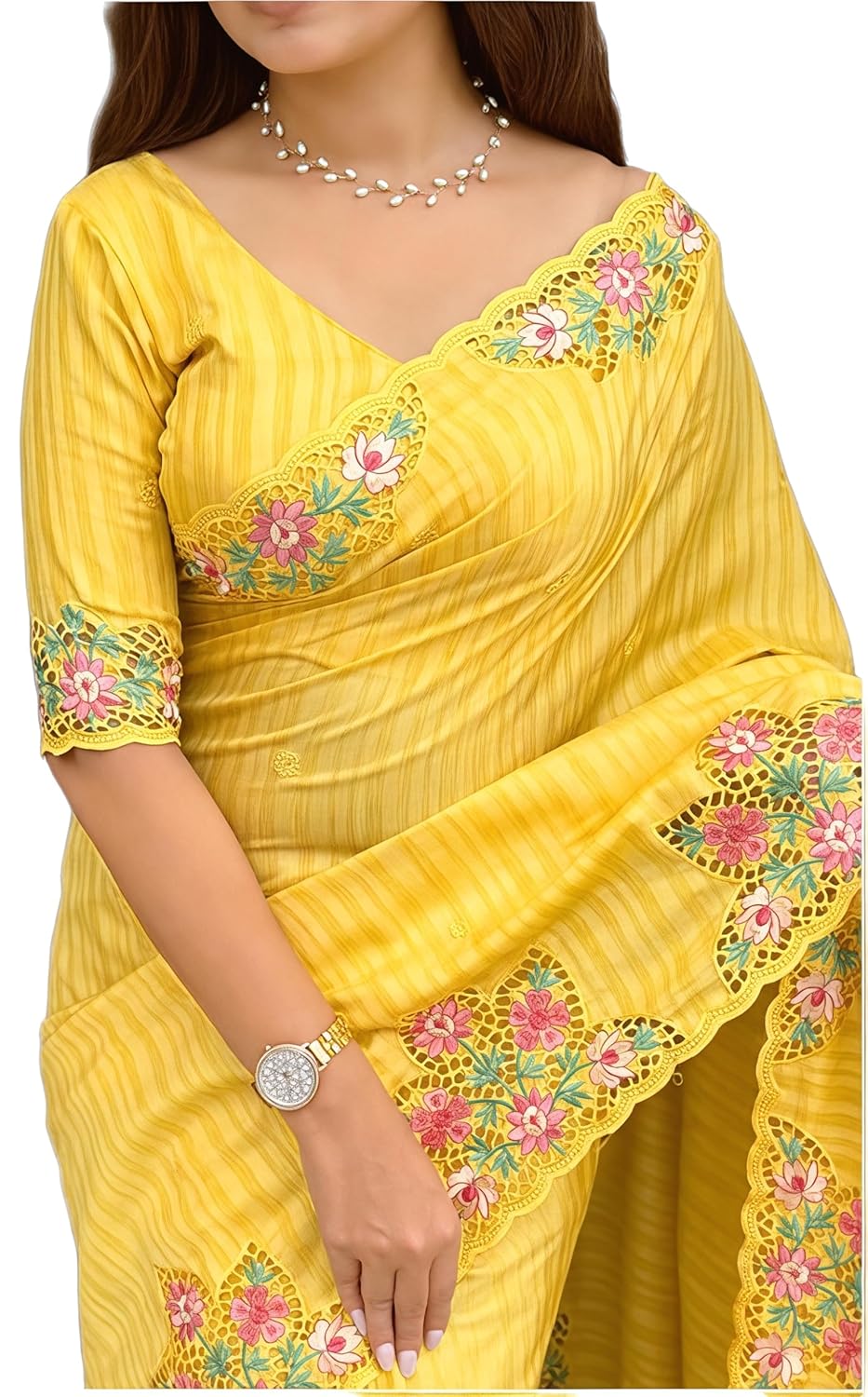 Women's Floral Thread Embroidered Cut Work Tussar Cotton Saree With Blouse - Image 2