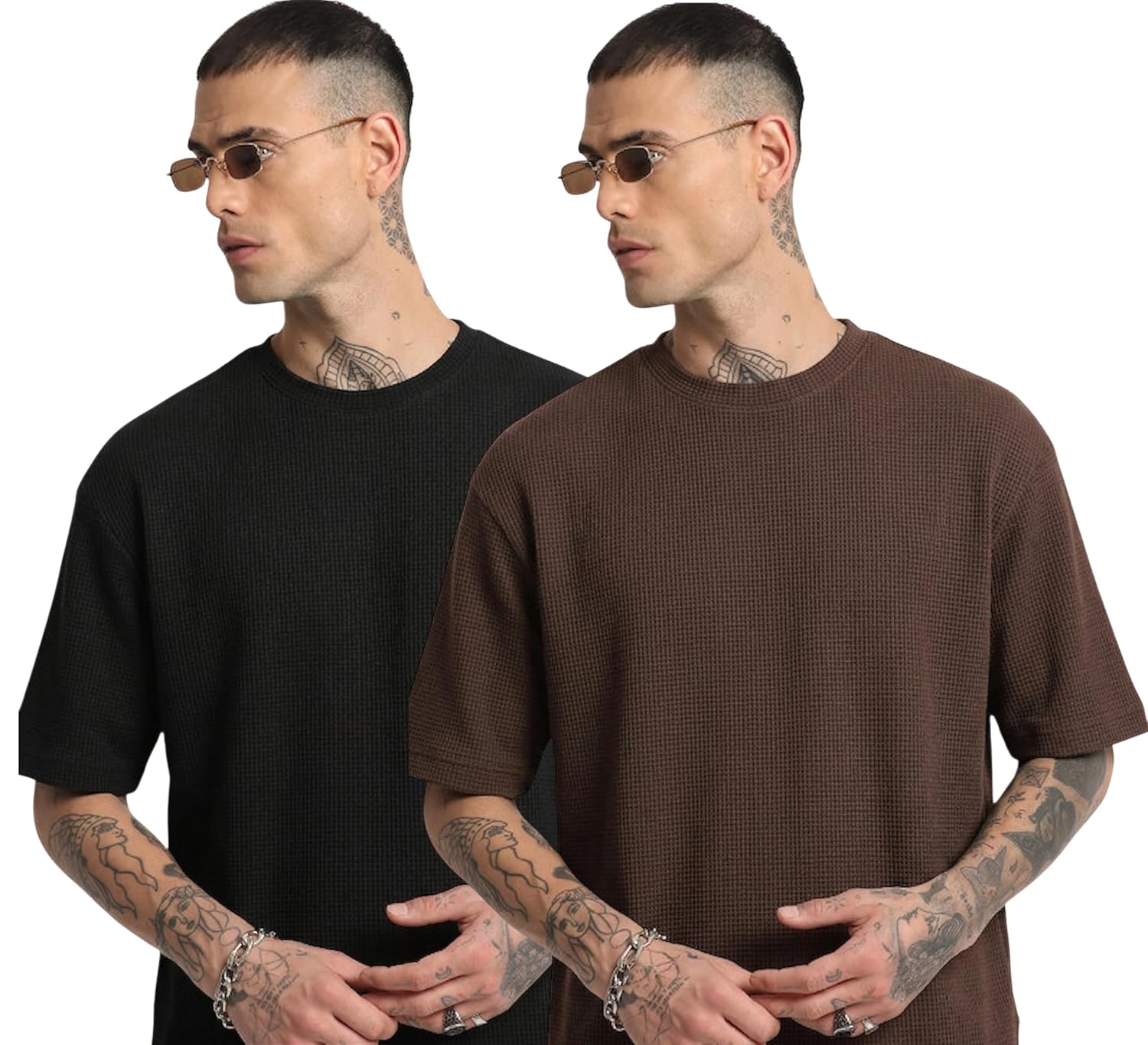 RodZen Men Waffel Texture Drop Shoulder Fit Round Neck Half Sleeve Polycotton Tshirt Pack of 2 - Image 2