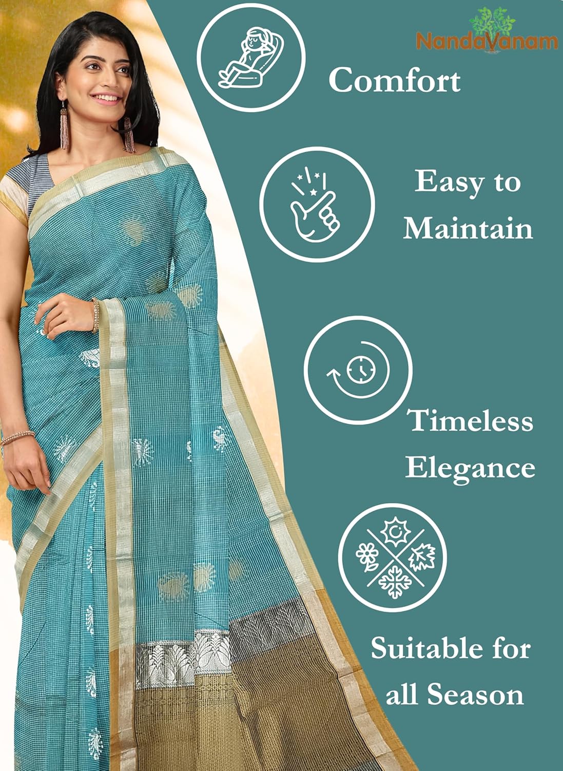 Women's 100 Count Kovai Cotton Saree | Handloom Negamam Cotton Saree | Coimbatore Cotton Saree - With Contrast Blouse - Image 4