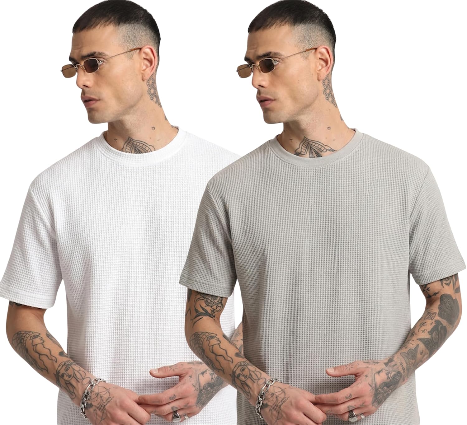 RodZen Men Waffel Texture Drop Shoulder Fit Round Neck Half Sleeve Polycotton Tshirt Pack of 2 - Image 5