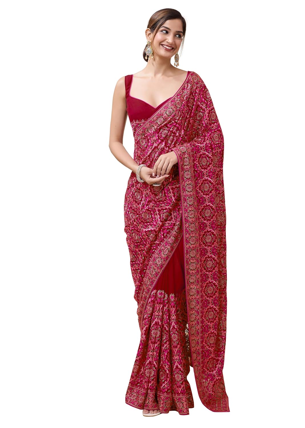 TRENDMALLS Women's Vichitra Silk Heavy Embroidery With Siroski Stone Work Saree with Unstitch Blouse Piece For Women