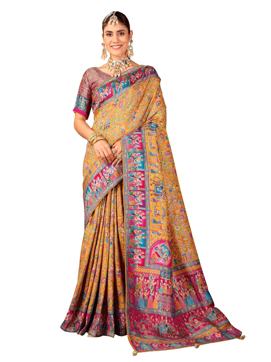 Glory Sarees Women's Luxurious Dola Pure Silk Original Saree Position Print Work Madhubani Inspired Motifs Banarasi Kanjivaram Style Saree With Blouse Piece (Elegant101_Parent) - Image 5