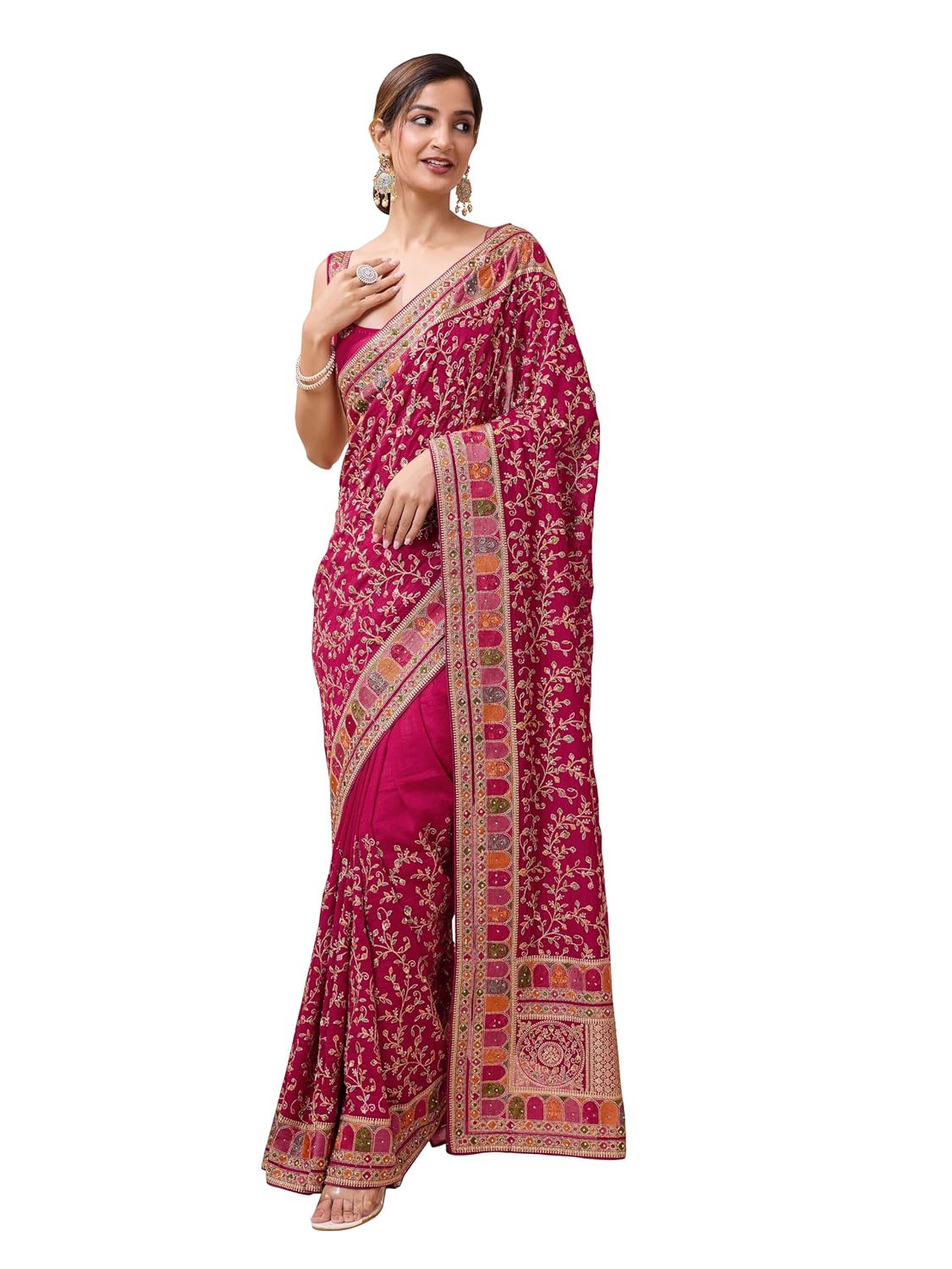 TRENDMALLS Women's Vichitra Silk Heavy Embroidery With Siroski Stone Work Saree with Unstitch Blouse Piece For Women - Image 2
