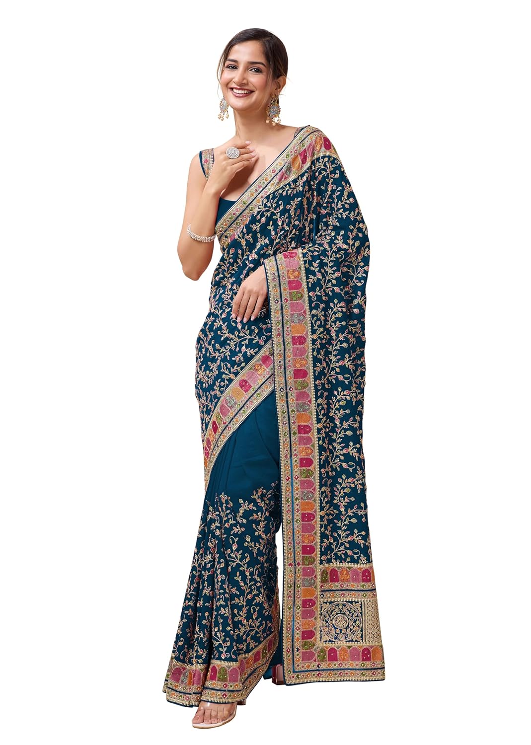 TRENDMALLS Women's Vichitra Silk Heavy Embroidery With Siroski Stone Work Saree with Unstitch Blouse Piece For Women - Image 5