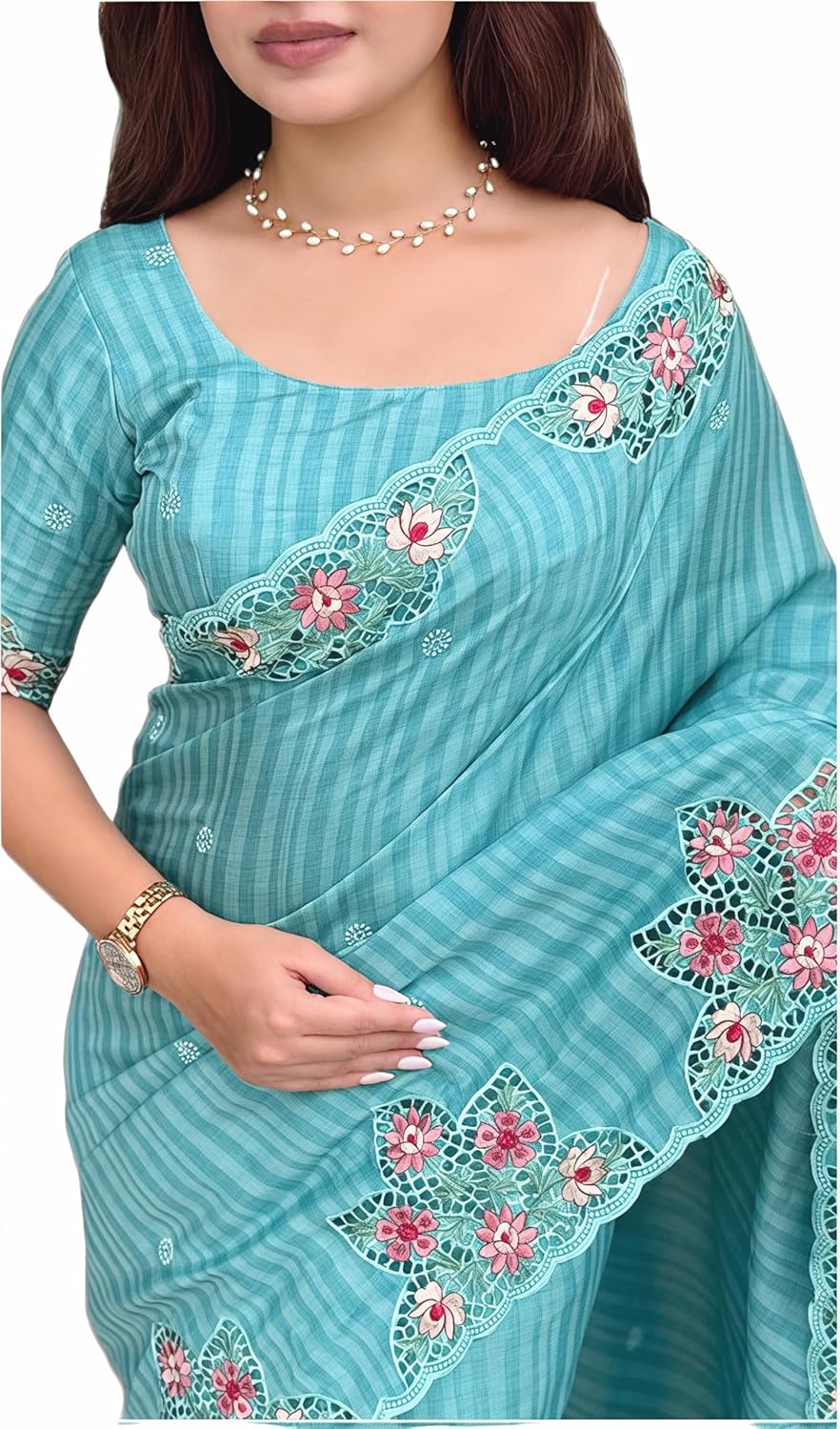 Women's Floral Thread Embroidered Cut Work Tussar Cotton Saree With Blouse - Image 3