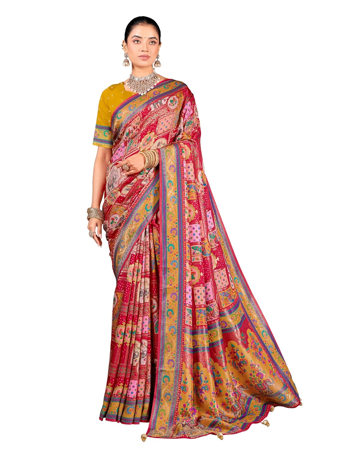 Glory Sarees Women's Luxurious Dola Pure Silk Original Saree Position Print Work Madhubani Inspired Motifs Banarasi Kanjivaram Style Saree With Blouse Piece (Elegant101_Parent) - Image 16