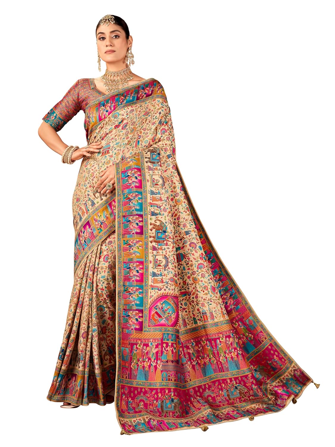 Glory Sarees Women's Luxurious Dola Pure Silk Original Saree Position Print Work Madhubani Inspired Motifs Banarasi Kanjivaram Style Saree With Blouse Piece (Elegant101_Parent) - Image 18