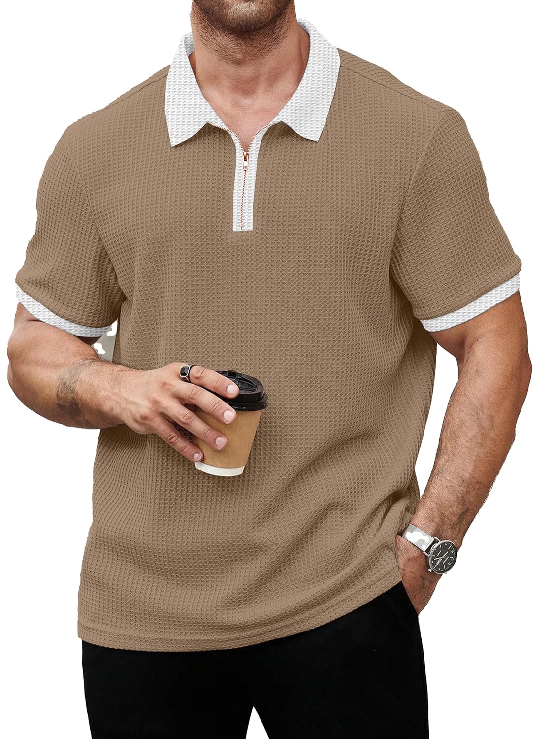 KAJARU Men's Waffle Knit Polo T-Shirt, Short Sleeve, Zip Collar with White Trim (POLO-8034) - Image 5
