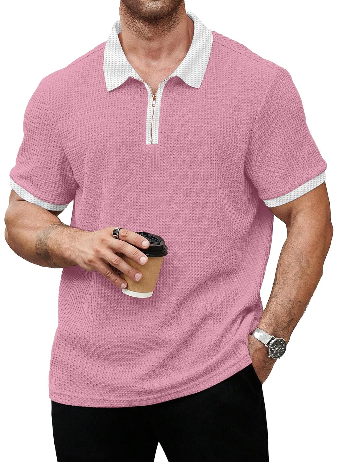 KAJARU Men's Waffle Knit Polo T-Shirt, Short Sleeve, Zip Collar with White Trim (POLO-8034) - Image 6